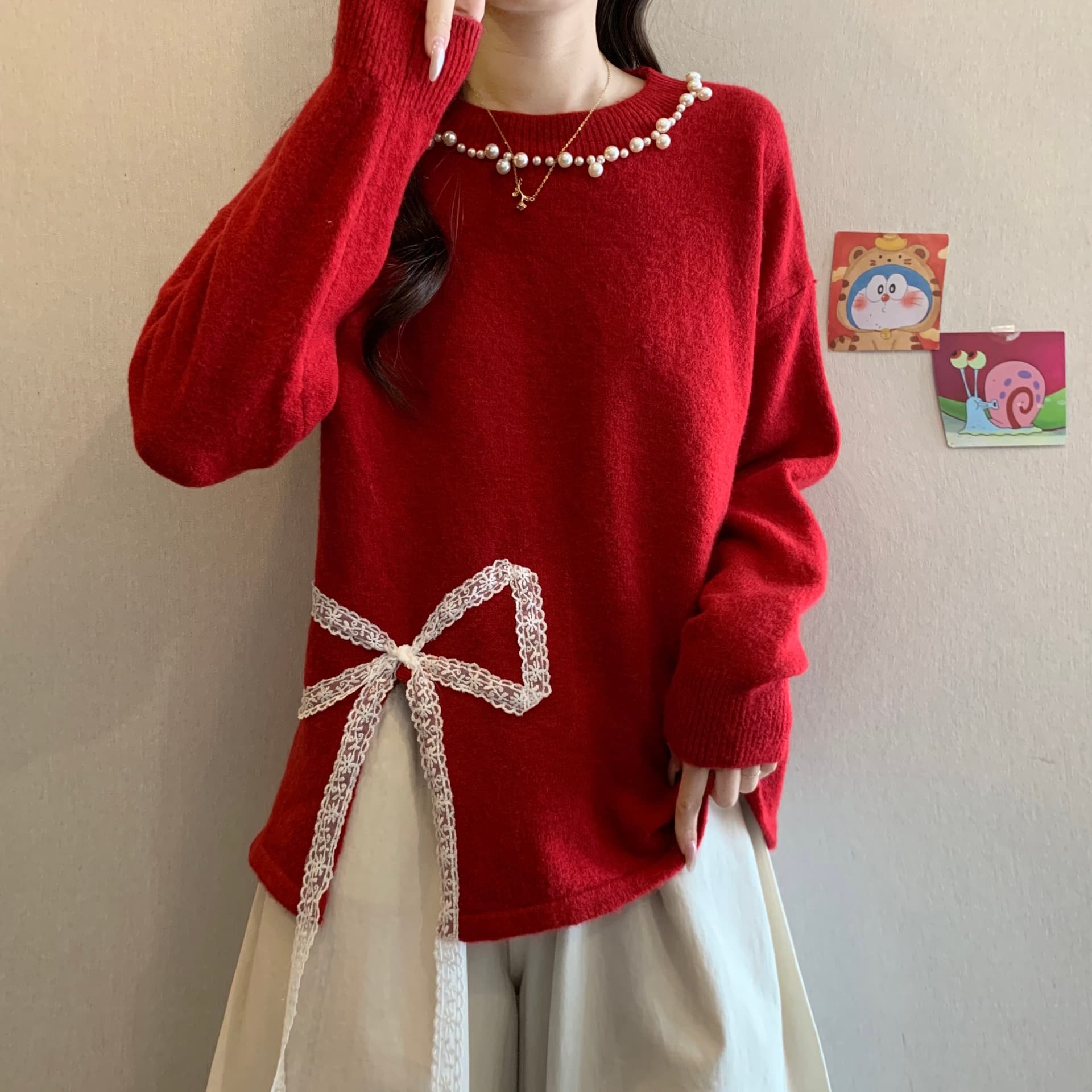 자이언트 잘 생긴 빨간색 레이스 나비 매듭 비즈 박기 스웨터 여자 가을 겨울 새로운 지방 mm 분위기 외국 가스 니트 스웨터 맨위 이미지 2