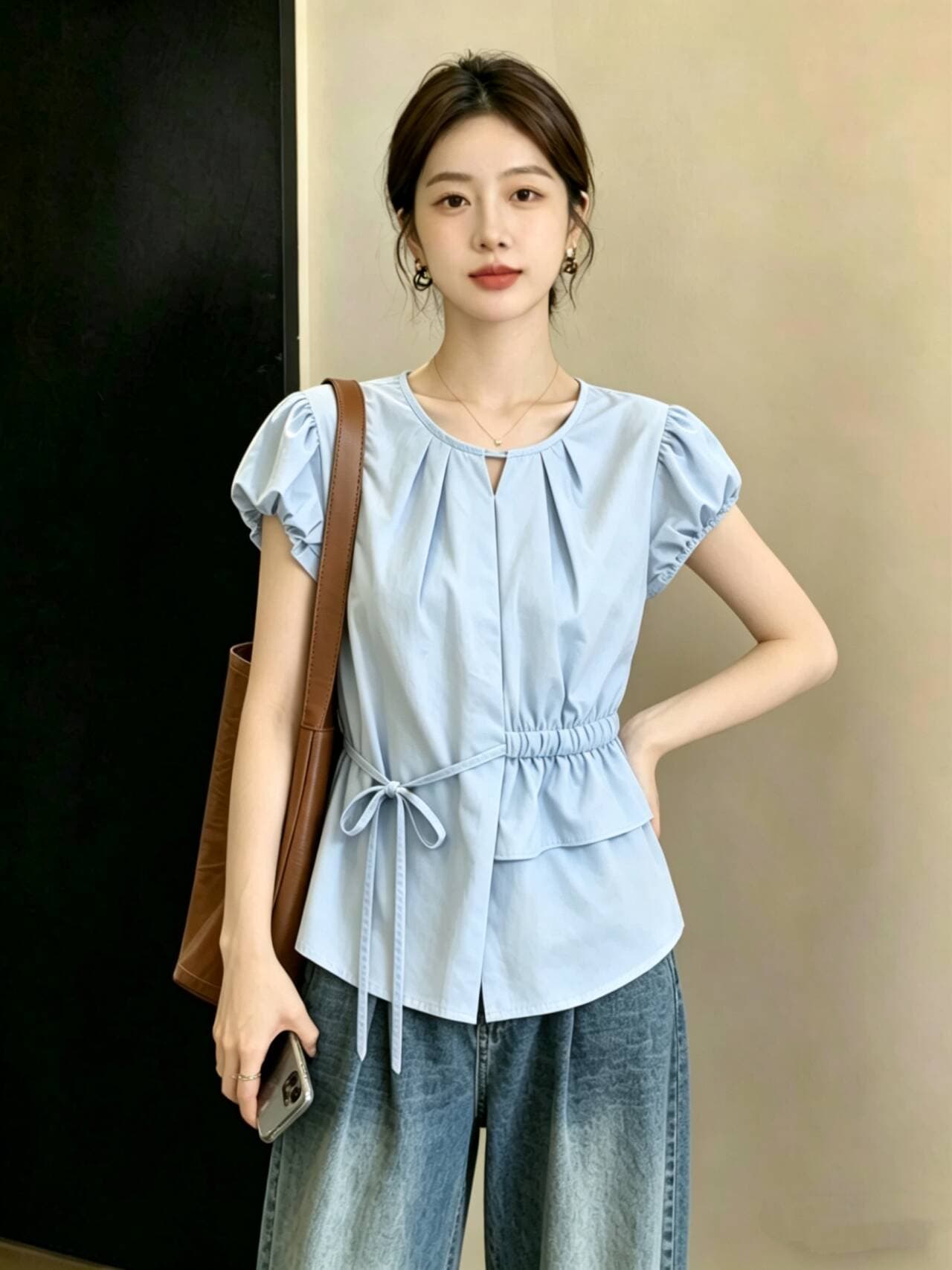 디자인 센스 프릴 빅 사이즈 여성 의류 한 부서 쉬폰 슬림해 보이는 셔츠 허리 수축 Chic 새로운 긍정적 인 어깨 스트랩 맨위
