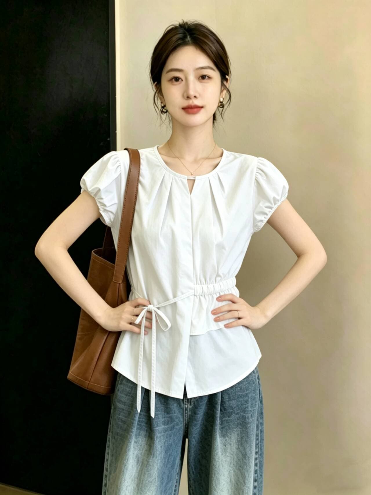 디자인 센스 프릴 빅 사이즈 여성 의류 한 부서 쉬폰 슬림해 보이는 셔츠 허리 수축 Chic 새로운 긍정적 인 어깨 스트랩 맨위 상세 이미지 7