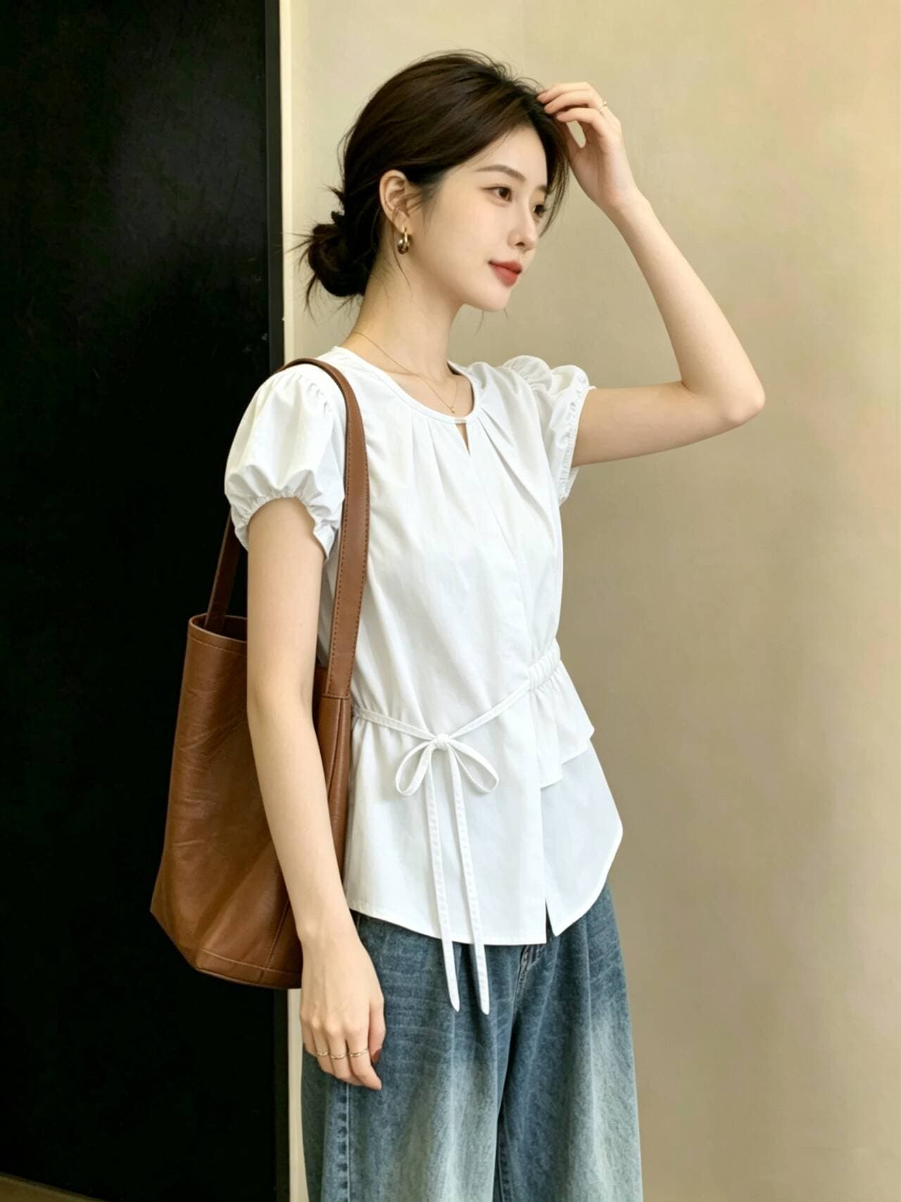 디자인 센스 프릴 빅 사이즈 여성 의류 한 부서 쉬폰 슬림해 보이는 셔츠 허리 수축 Chic 새로운 긍정적 인 어깨 스트랩 맨위 상세 이미지 8