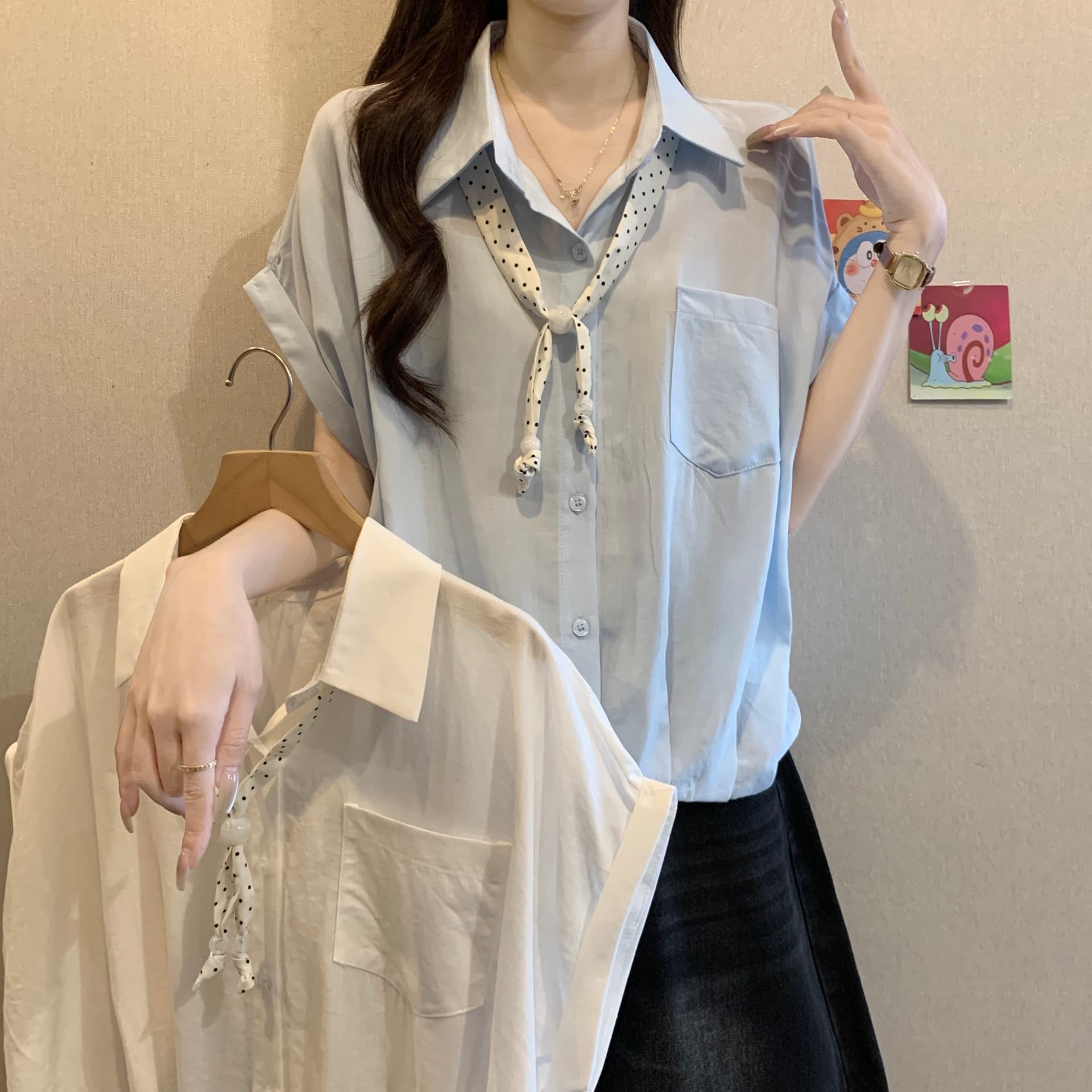 프랑스식 주름 POLO 칼라 경기 스카프 반팔 여성 셔츠 여름 새로운 지방 mm 연령 감소 슬림해 보이는 쇼트 스타일 맨위 이미지 2