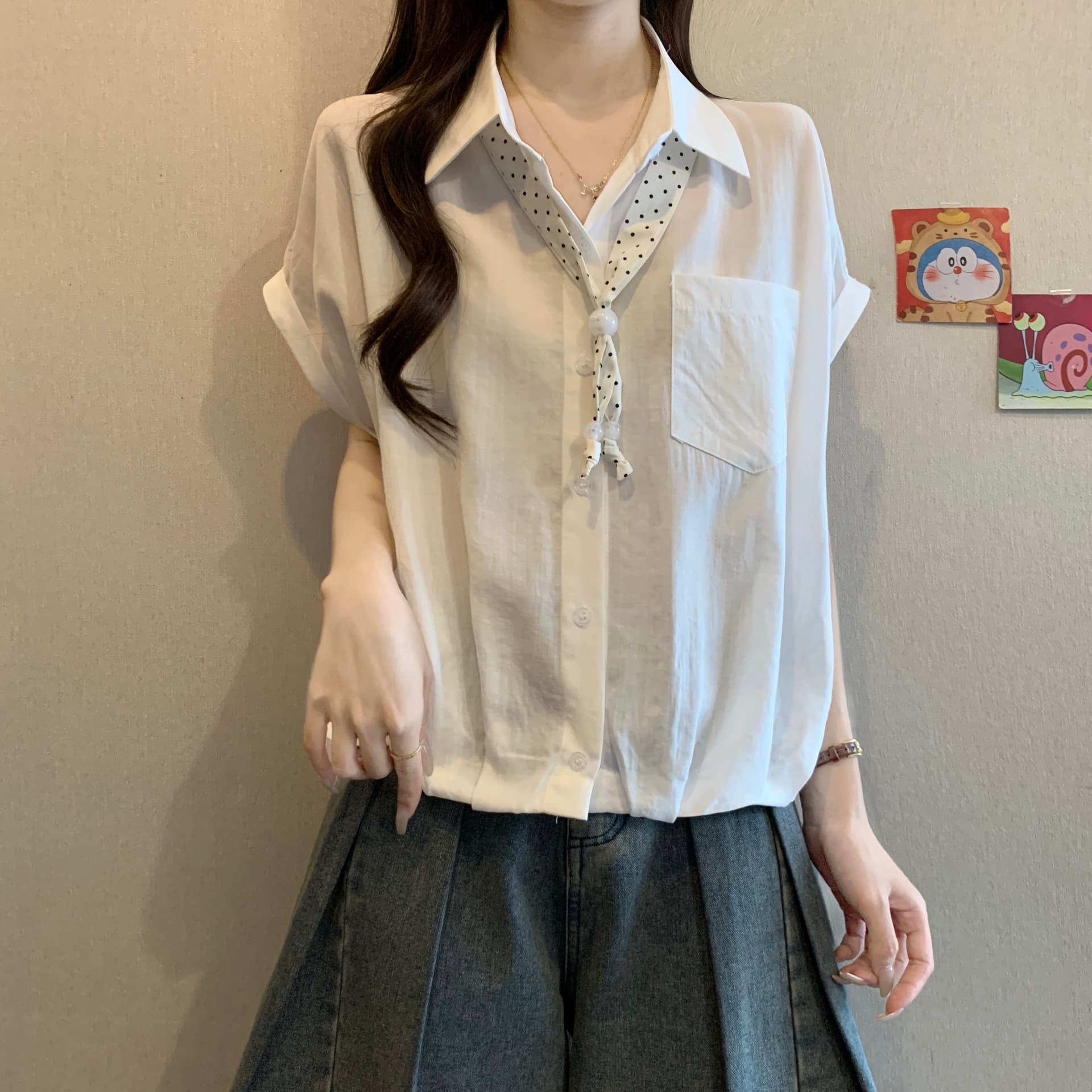 프랑스식 주름 POLO 칼라 경기 스카프 반팔 여성 셔츠 여름 새로운 지방 mm 연령 감소 슬림해 보이는 쇼트 스타일 맨위 이미지 5