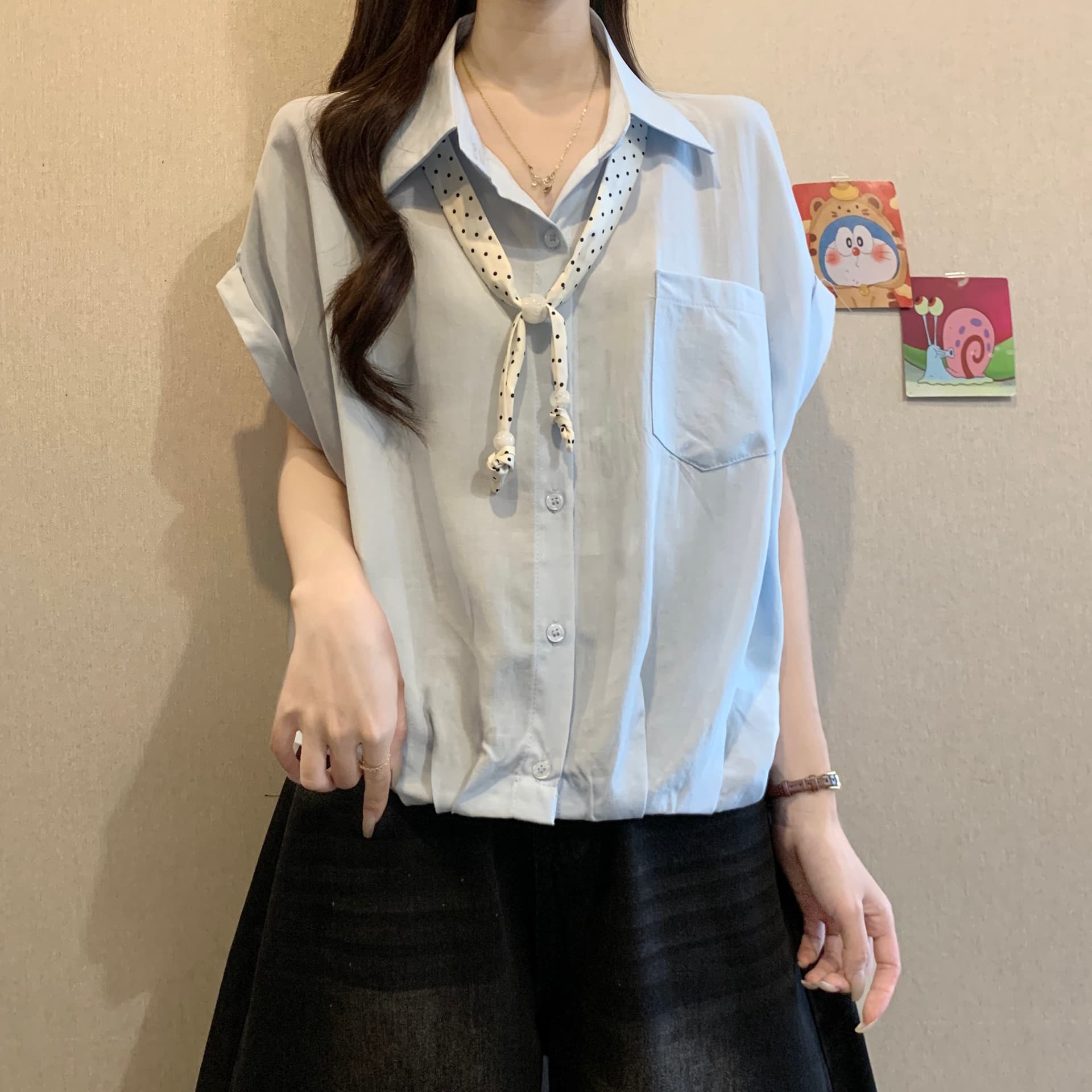 프랑스식 주름 POLO 칼라 경기 스카프 반팔 여성 셔츠 여름 새로운 지방 mm 연령 감소 슬림해 보이는 쇼트 스타일 맨위 상세 이미지 6