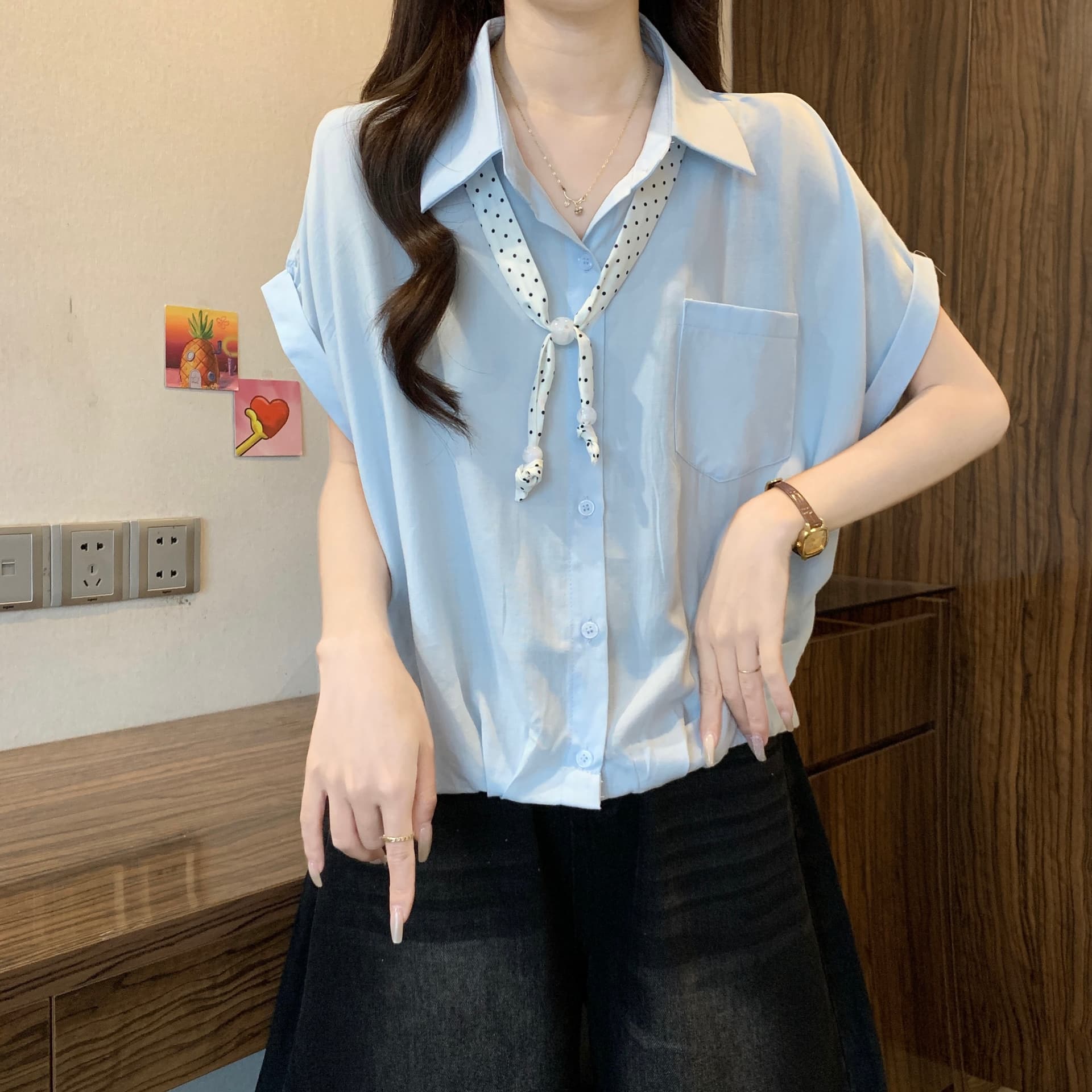 프랑스식 주름 POLO 칼라 경기 스카프 반팔 여성 셔츠 여름 새로운 지방 mm 연령 감소 슬림해 보이는 쇼트 스타일 맨위 상세 이미지 9