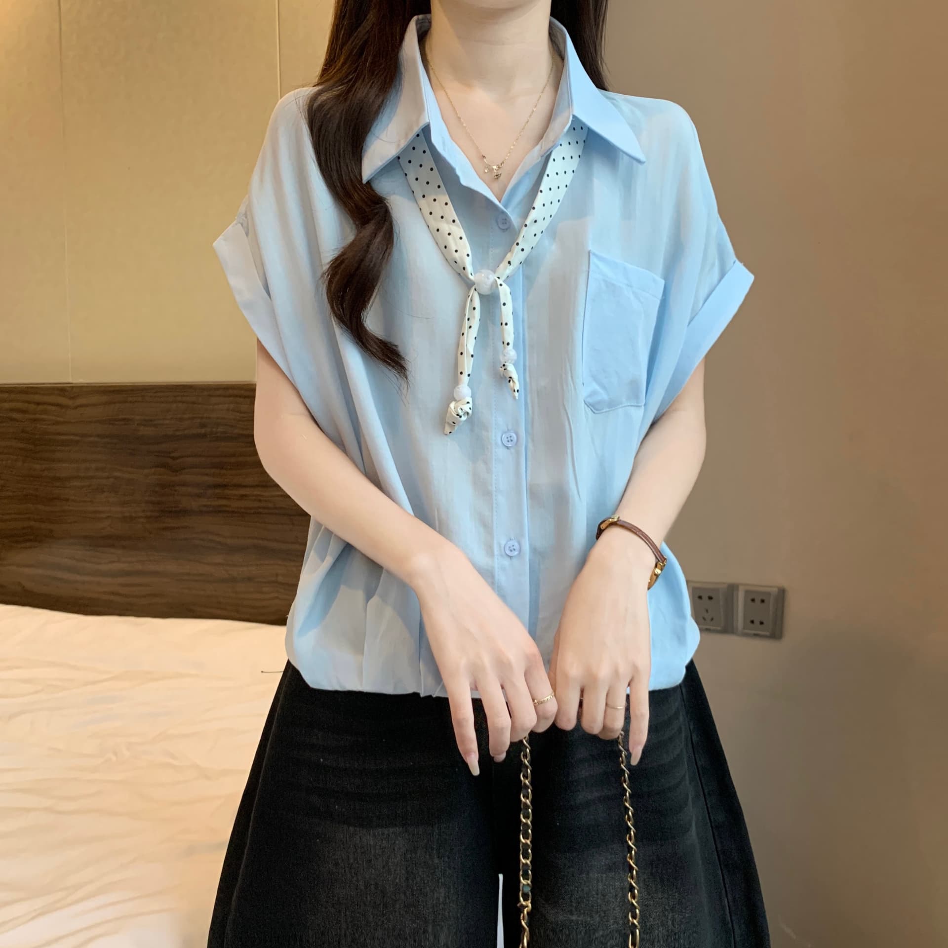 프랑스식 주름 POLO 칼라 경기 스카프 반팔 여성 셔츠 여름 새로운 지방 mm 연령 감소 슬림해 보이는 쇼트 스타일 맨위 상세 이미지 10