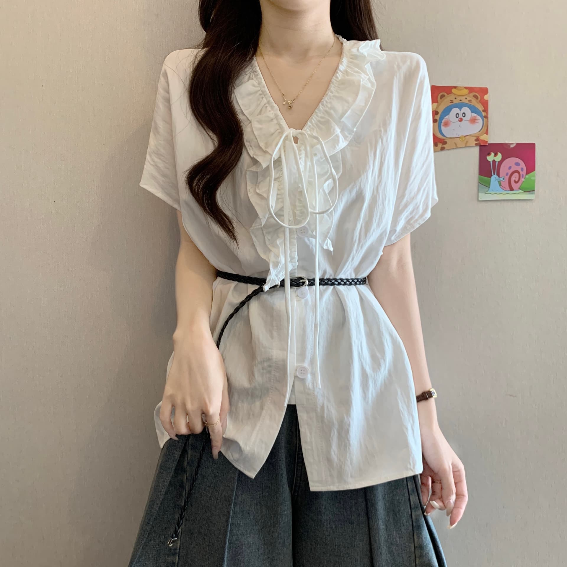 프랑스식 프릴 레이스업 V넥 긍정적 인 어깨 반팔 여성 셔츠 여름 새로운 지방 mm 연령 감소 외국 가스 허리 수축 맨위 이미지 5