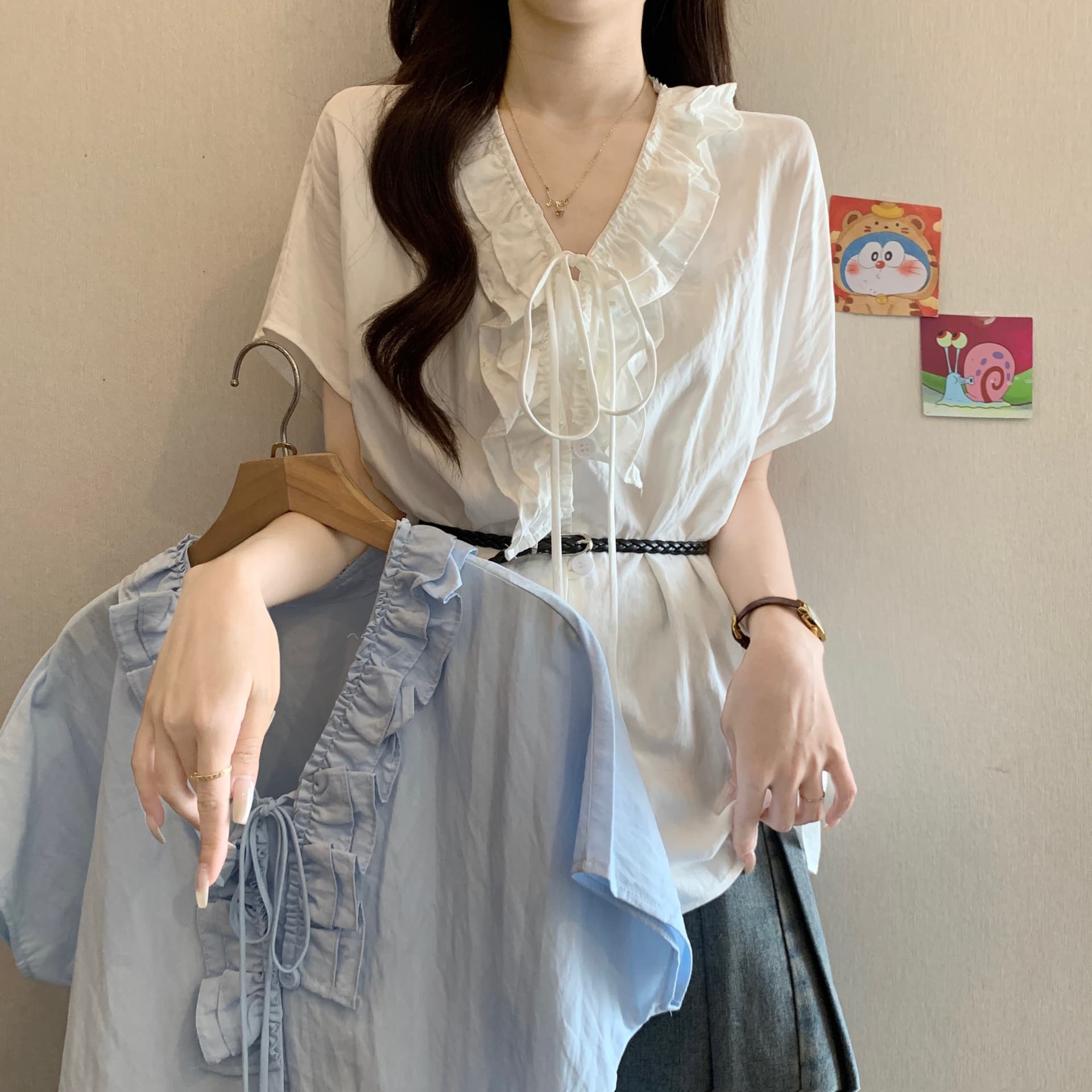 프랑스식 프릴 레이스업 V넥 긍정적 인 어깨 반팔 여성 셔츠 여름 새로운 지방 mm 연령 감소 외국 가스 허리 수축 맨위 상세 이미지 3