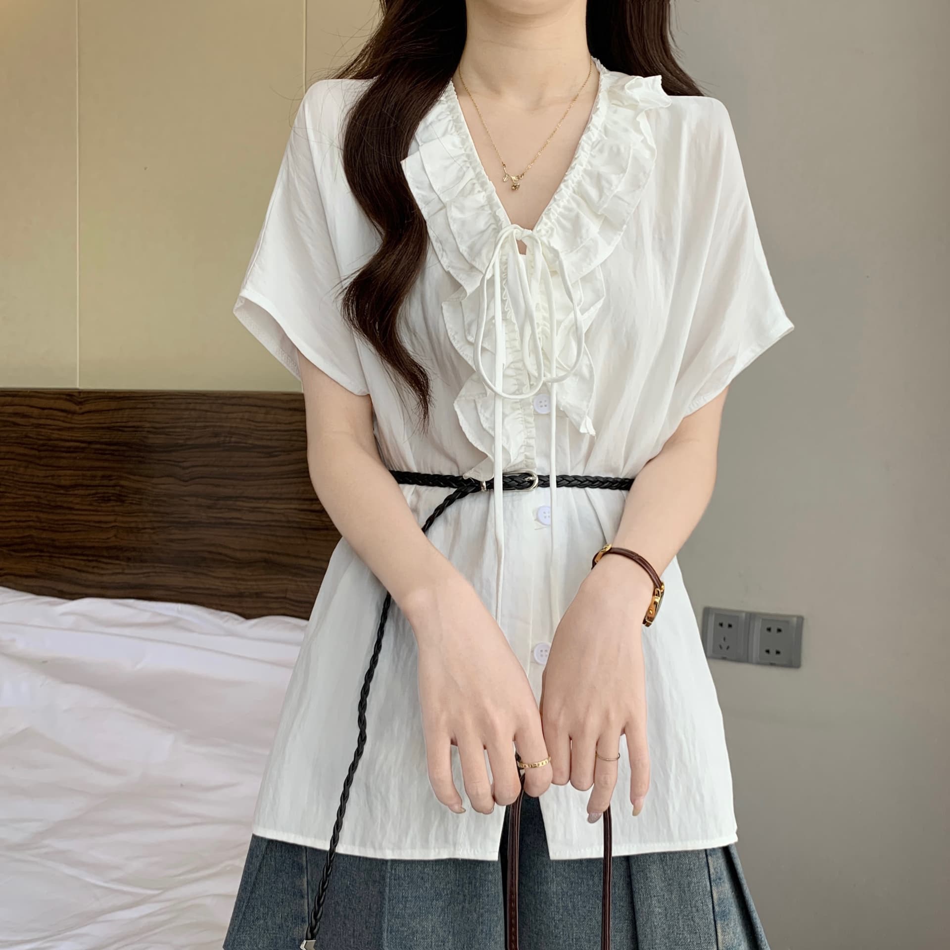 프랑스식 프릴 레이스업 V넥 긍정적 인 어깨 반팔 여성 셔츠 여름 새로운 지방 mm 연령 감소 외국 가스 허리 수축 맨위 상세 이미지 19