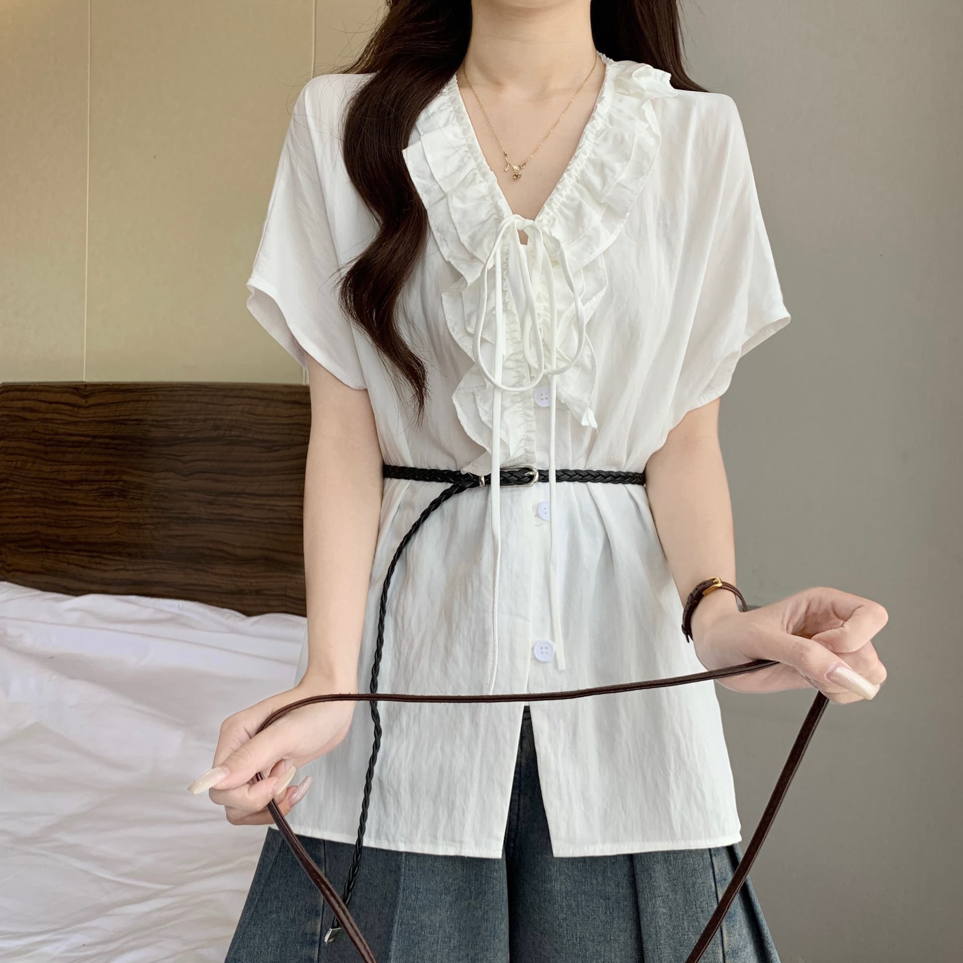 프랑스식 프릴 레이스업 V넥 긍정적 인 어깨 반팔 여성 셔츠 여름 새로운 지방 mm 연령 감소 외국 가스 허리 수축 맨위 상세 이미지 20