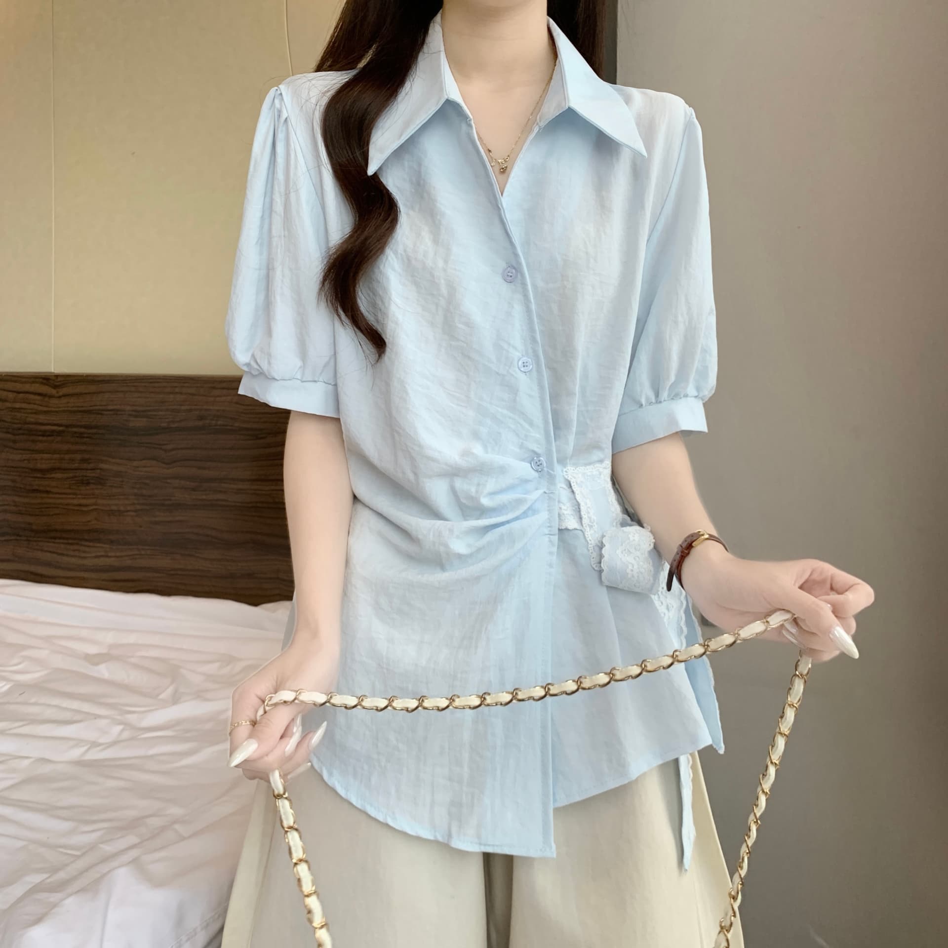 디자인 센스 불규칙 반팔 여성 셔츠 2026 여름 새로운 지방 mm 레이스 스트랩 허리 수축 슬림해 보이는 맨위 상세 이미지 20