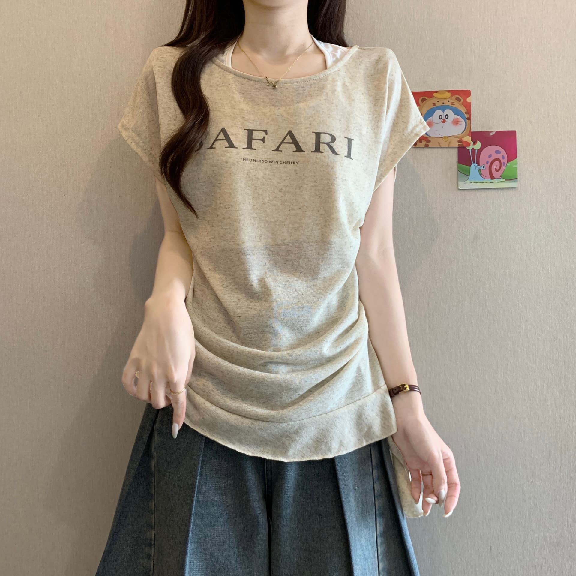 프랑스식 페이크 레이어드 알파벳 프린트 행침 목 반팔 티셔츠 여성 여름 새로운 지방 mm 허리 수축 슬림해 보이는 불규칙 맨위 이미지 4