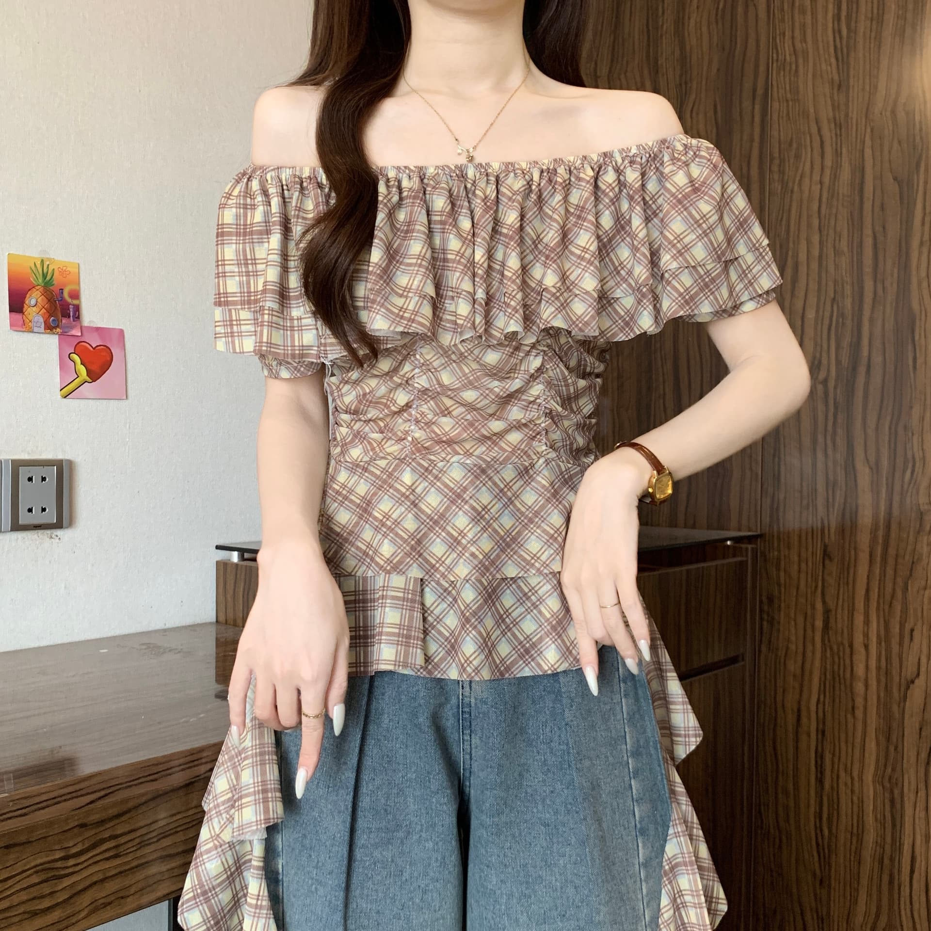 프랑스식 불규칙 리본 체크무늬 여성 셔츠 여름 2026 새로운 지방 mm 허리 수축 슬림해 보이는 오프숄더 오프숄더 맨위 상세 이미지 18