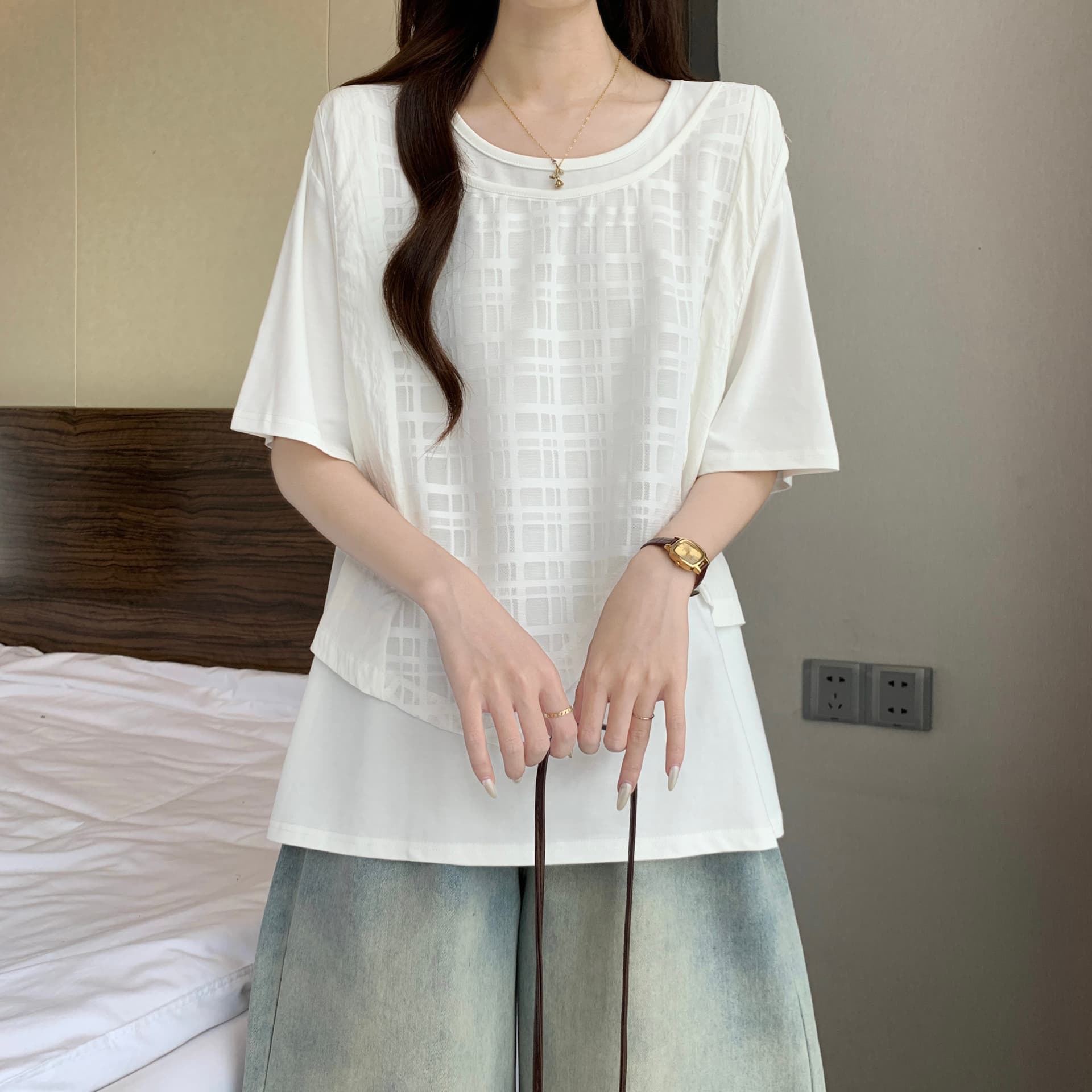 슈퍼 화재 페이크 레이어드 메시 그리드 베스트 패치워크 반팔 여성 셔츠 여름 새로운 지방 mm 연령 감소 표지 배 루즈핏 맨위 상세 이미지 11