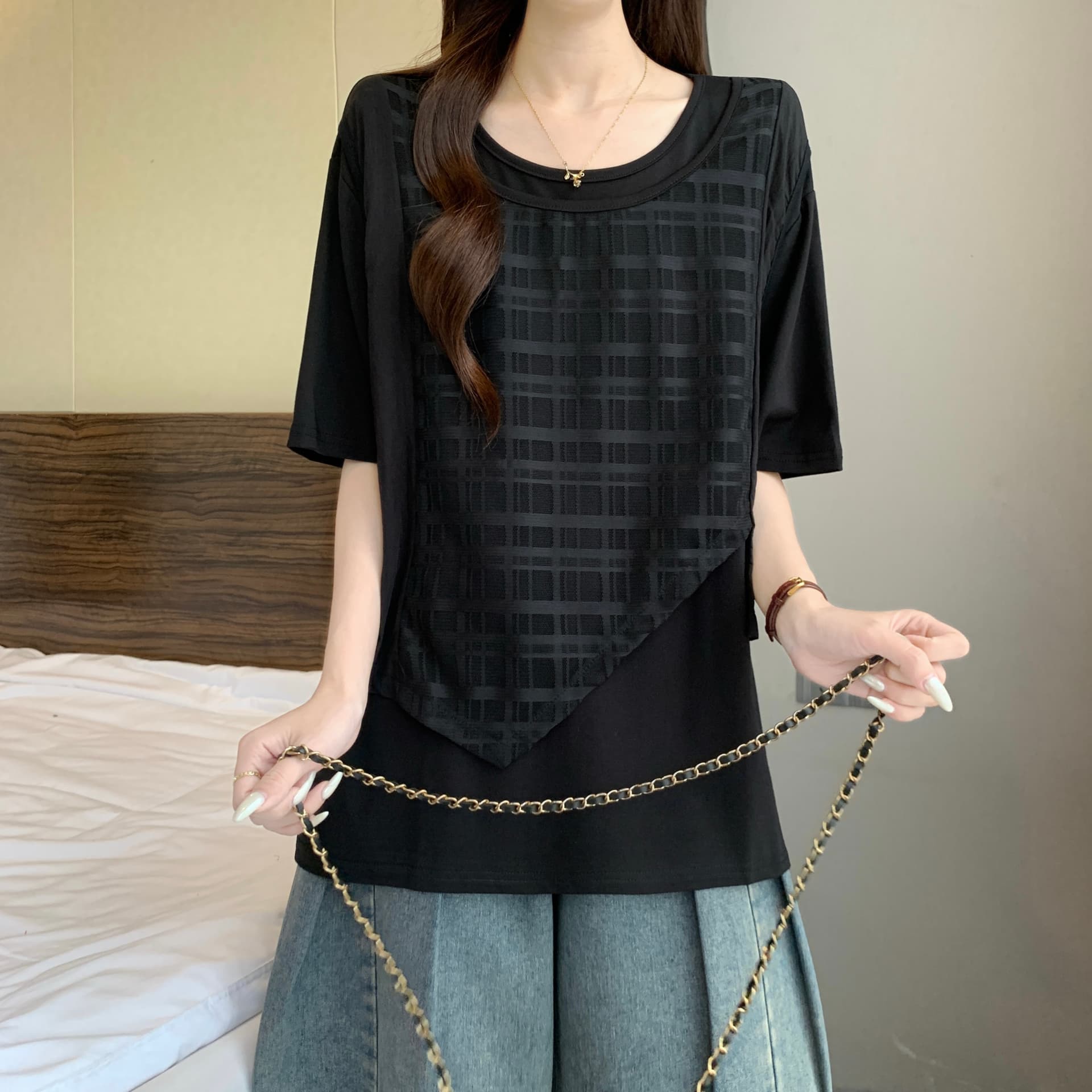 슈퍼 화재 페이크 레이어드 메시 그리드 베스트 패치워크 반팔 여성 셔츠 여름 새로운 지방 mm 연령 감소 표지 배 루즈핏 맨위 상세 이미지 20