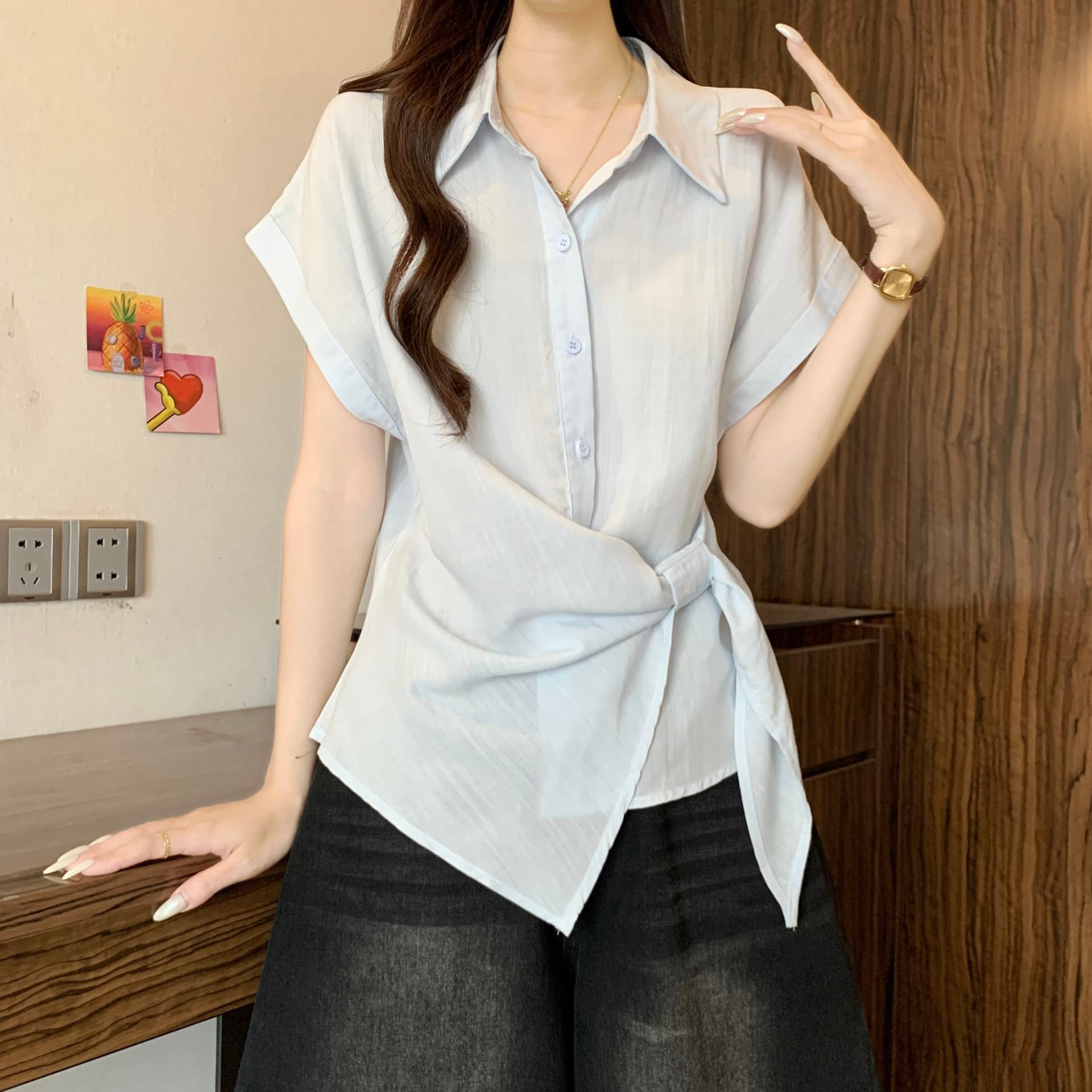 폭발 불규칙 스트랩 반팔 여성 셔츠 여름 새로운 지방 mm 디자인 센스 허리 수축 슬림해 보이는 외국 가스 작은 셔츠 맨위 상세 이미지 16