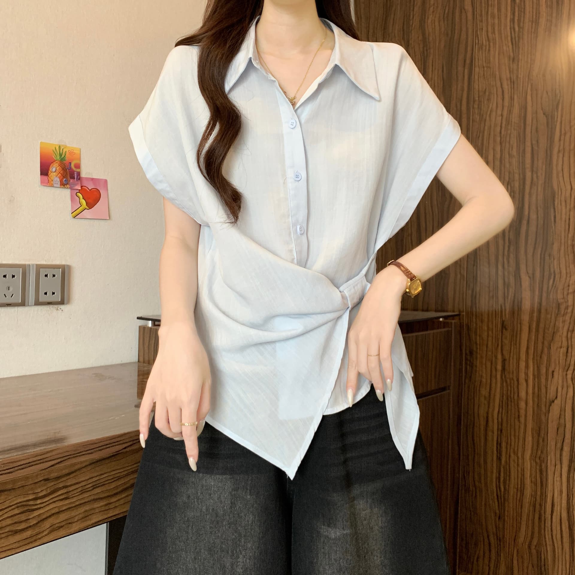 폭발 불규칙 스트랩 반팔 여성 셔츠 여름 새로운 지방 mm 디자인 센스 허리 수축 슬림해 보이는 외국 가스 작은 셔츠 맨위 상세 이미지 19
