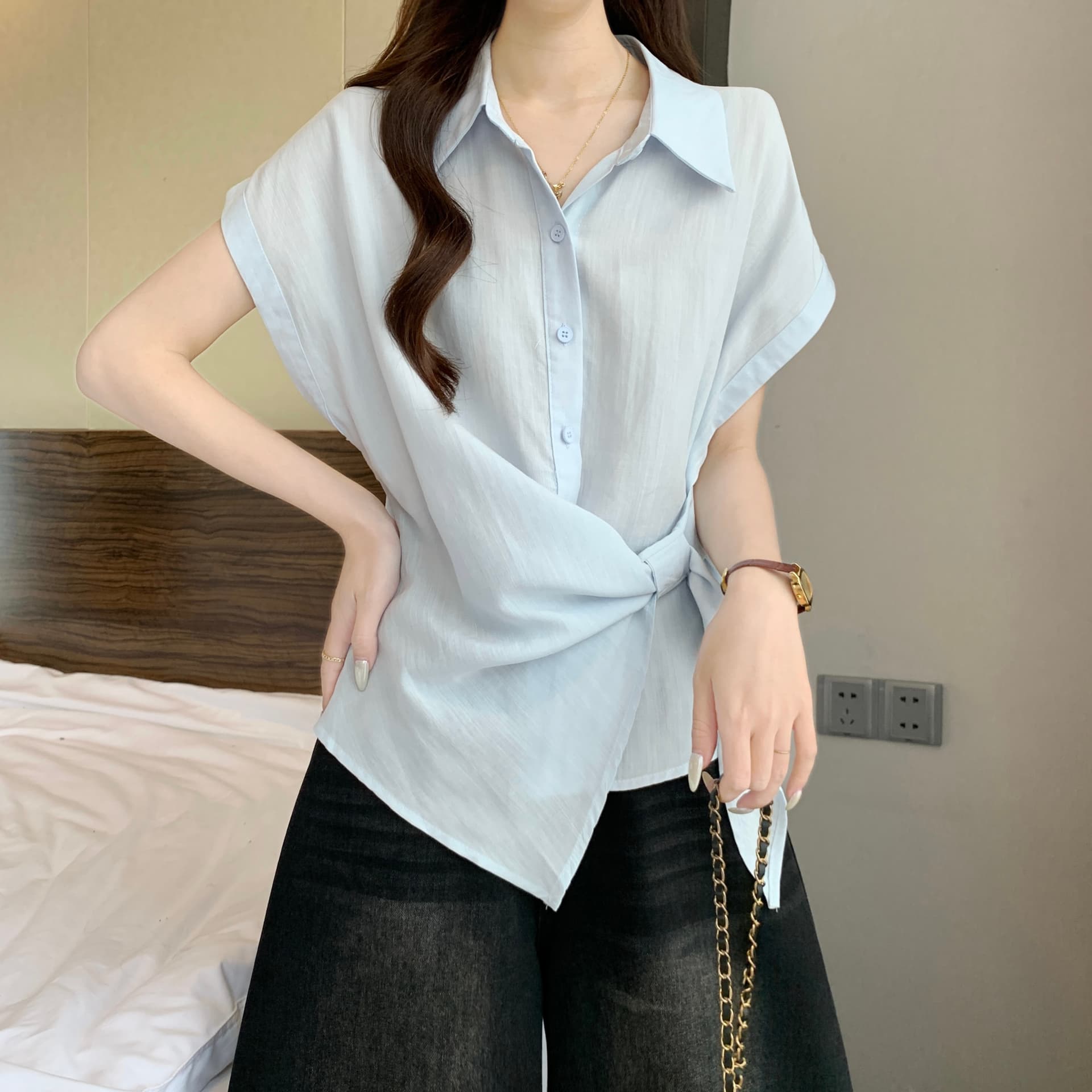 폭발 불규칙 스트랩 반팔 여성 셔츠 여름 새로운 지방 mm 디자인 센스 허리 수축 슬림해 보이는 외국 가스 작은 셔츠 맨위 상세 이미지 21