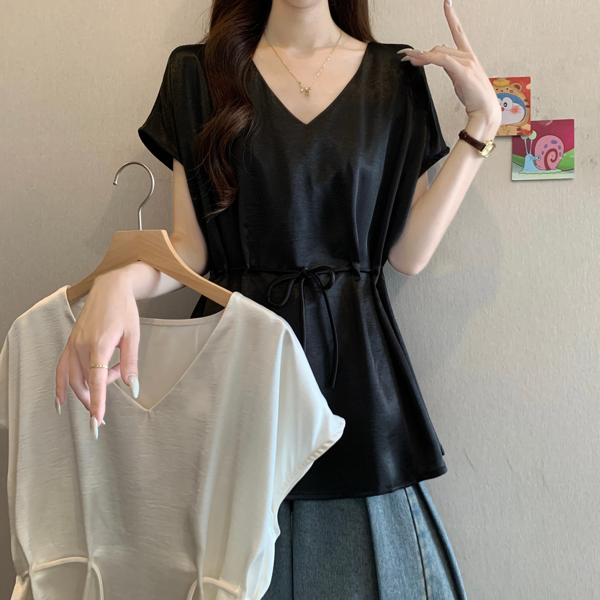 고급 센스 아세트산 새틴 레이스업 반팔 여성 셔츠 여름 새로운 지방 mm 빛 럭셔리 품격 허리 수축 슬림해 보이는 맨위 이미지 3