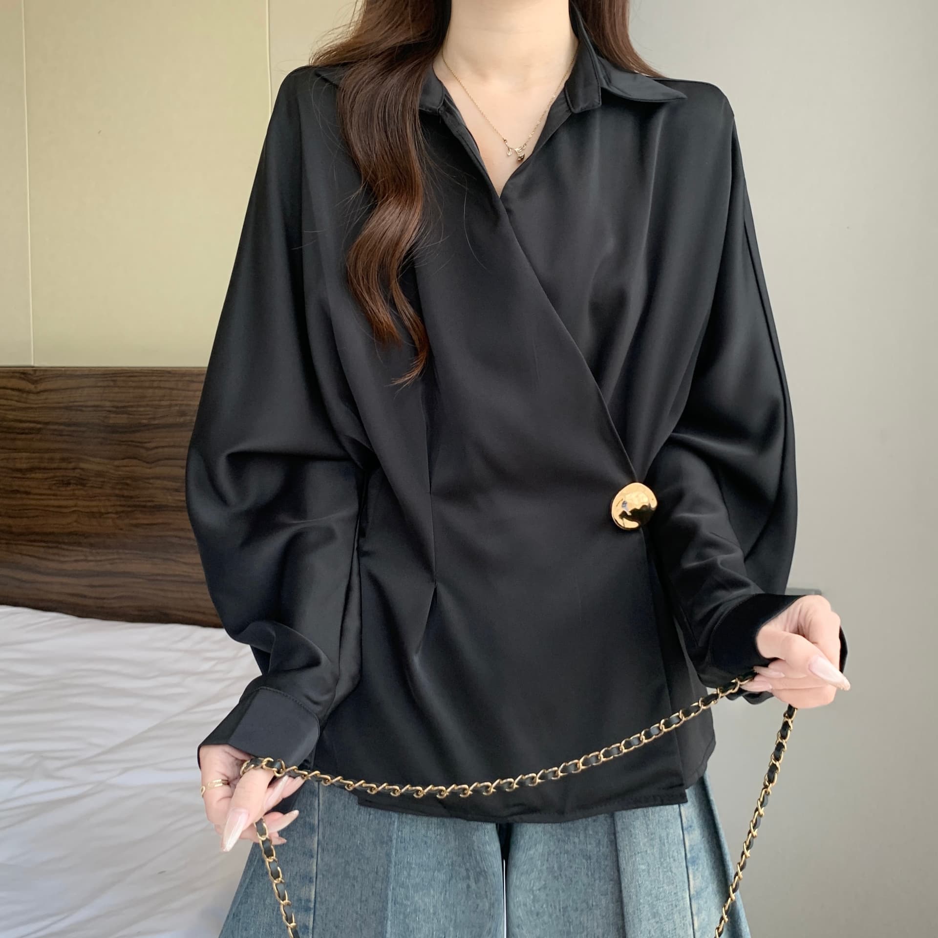 고급 센스 불규칙 십자가 V넥 긴팔 여성 셔츠 2026 가을 새로운 지방 mm 허리 수축 슬림해 보이는 맨위 상세 이미지 20