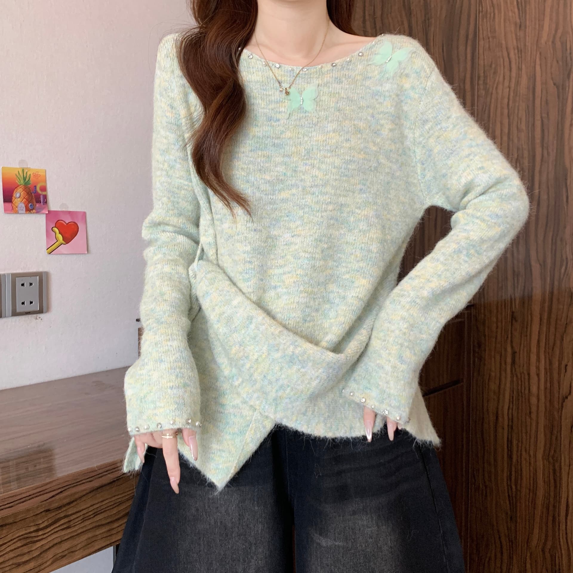 그레이트 봐라. 프랑스식 나비 스트랩 니트 스웨터 여성 가을 겨울 2026 새로운 빅 사이즈 지방 mm 불규칙 연령 감소 스웨터 상세 이미지 9
