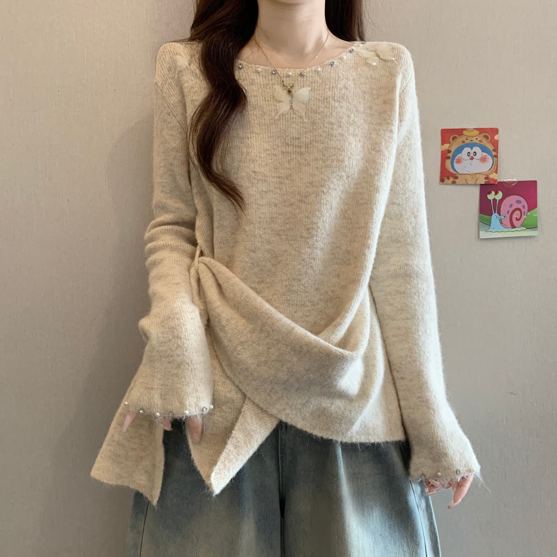 그레이트 봐라. 프랑스식 나비 스트랩 니트 스웨터 여성 가을 겨울 2026 새로운 빅 사이즈 지방 mm 불규칙 연령 감소 스웨터 상세 이미지 15
