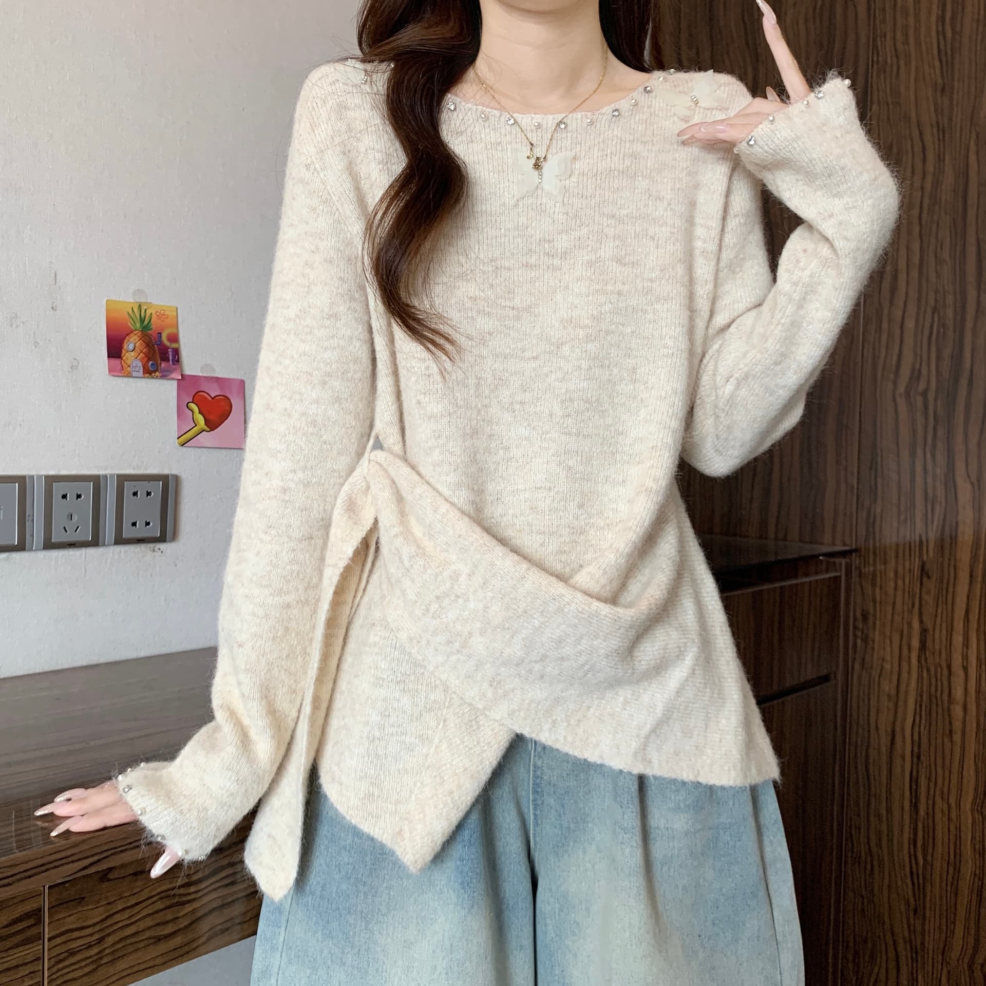 그레이트 봐라. 프랑스식 나비 스트랩 니트 스웨터 여성 가을 겨울 2026 새로운 빅 사이즈 지방 mm 불규칙 연령 감소 스웨터 상세 이미지 16