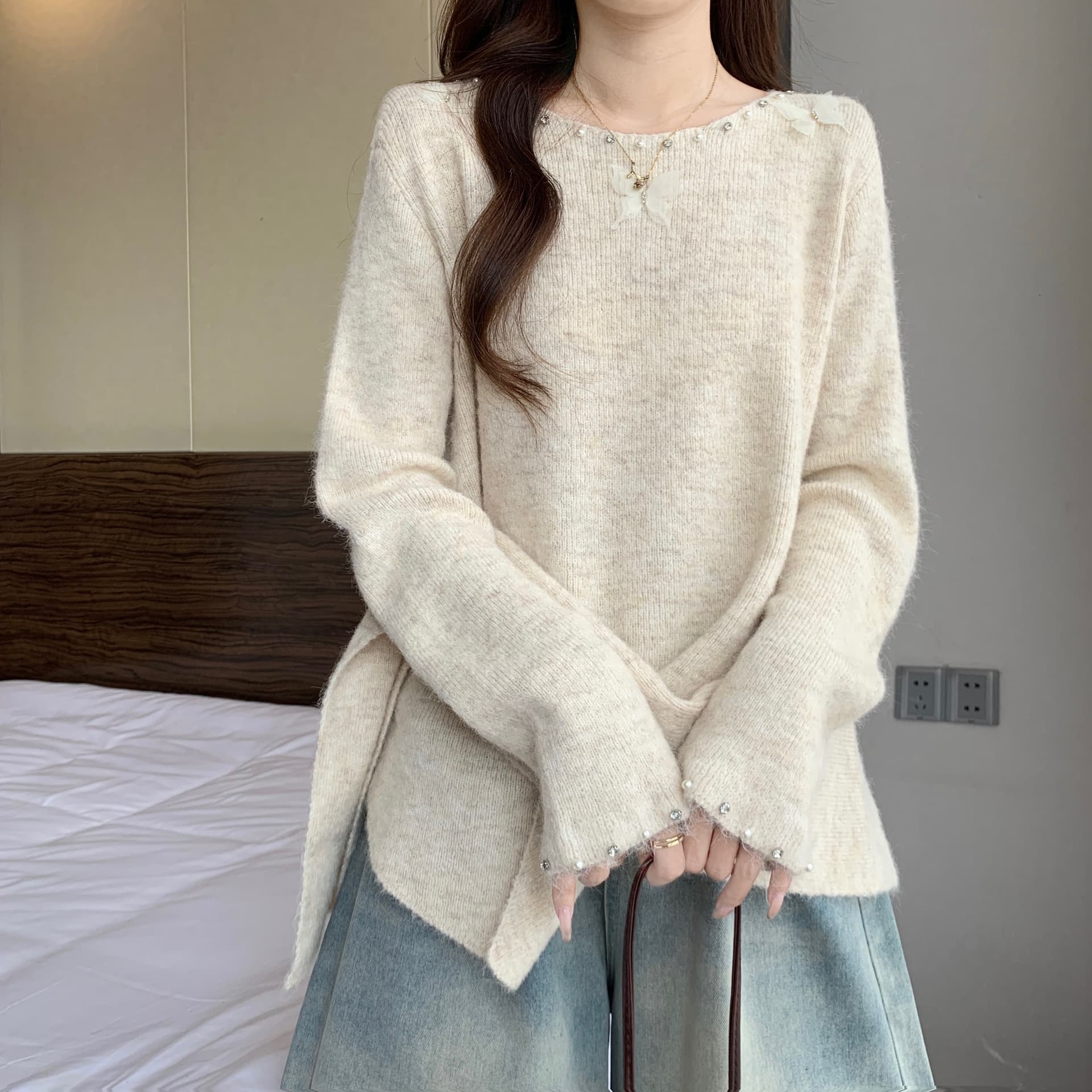 그레이트 봐라. 프랑스식 나비 스트랩 니트 스웨터 여성 가을 겨울 2026 새로운 빅 사이즈 지방 mm 불규칙 연령 감소 스웨터 상세 이미지 19