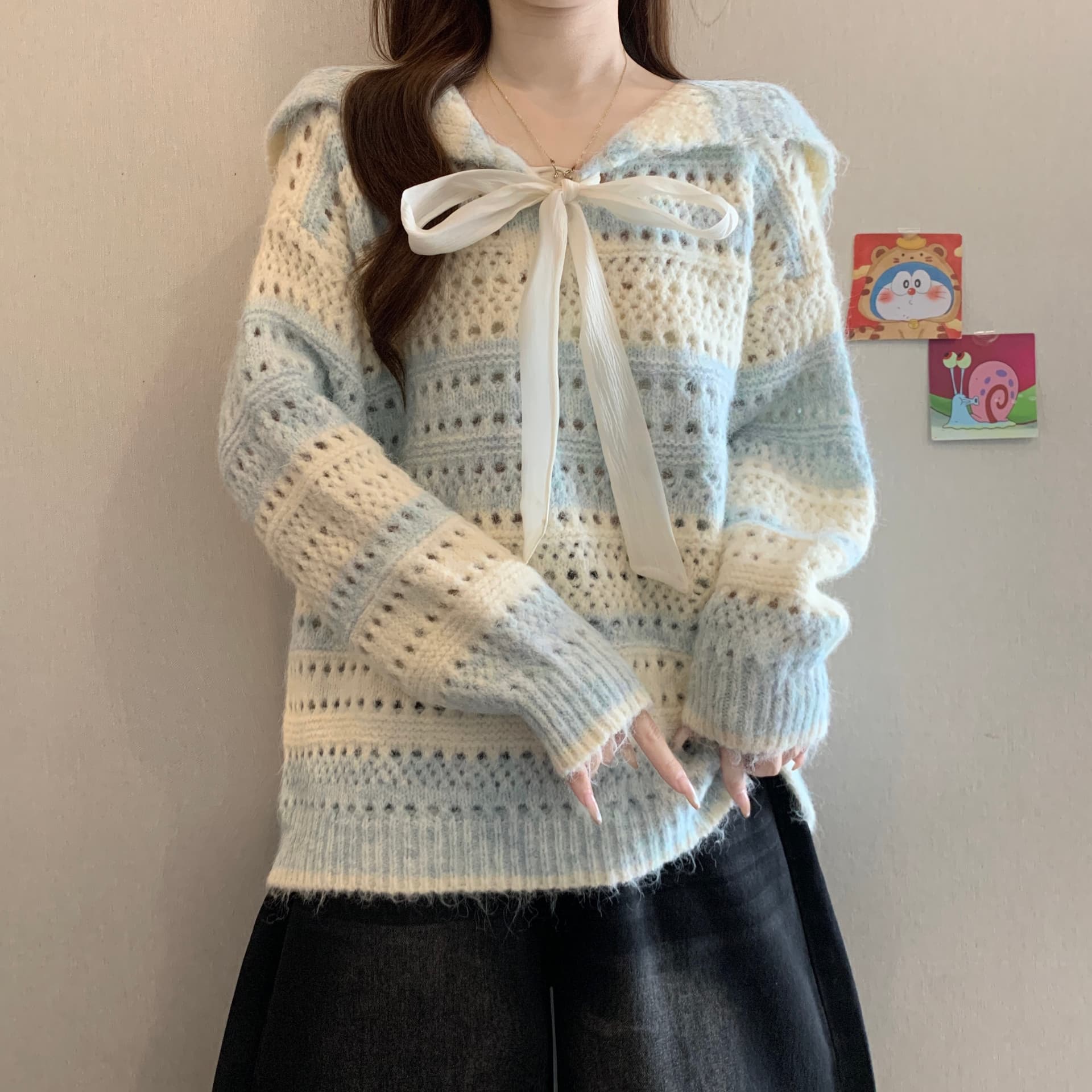 고급 센스 스트라이프 레이스업 홀로우 아웃 니트 스웨터 여성 2026 새로운 지방 mm 분위기 착용 가져 가라. 슈퍼 잘 생긴 루즈핏 맨위 상세 이미지 14