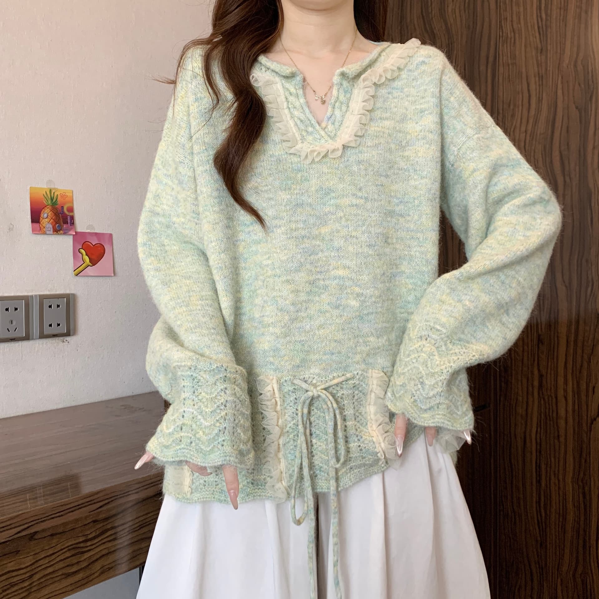 프랑스식 고급 센스 홀로우 아웃 V넥 니트 스웨터 여성 2026 가을 겨울철 새로운 지방 mm 펌프 로프 레이스 느긋한 맨위 상세 이미지 19