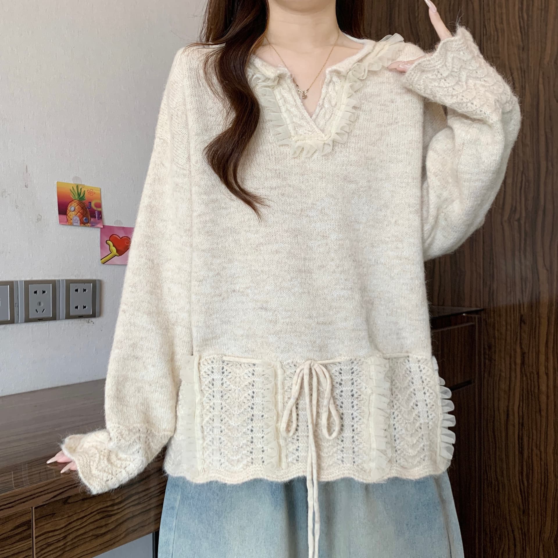 프랑스식 고급 센스 홀로우 아웃 V넥 니트 스웨터 여성 2026 가을 겨울철 새로운 지방 mm 펌프 로프 레이스 느긋한 맨위 상세 이미지 26