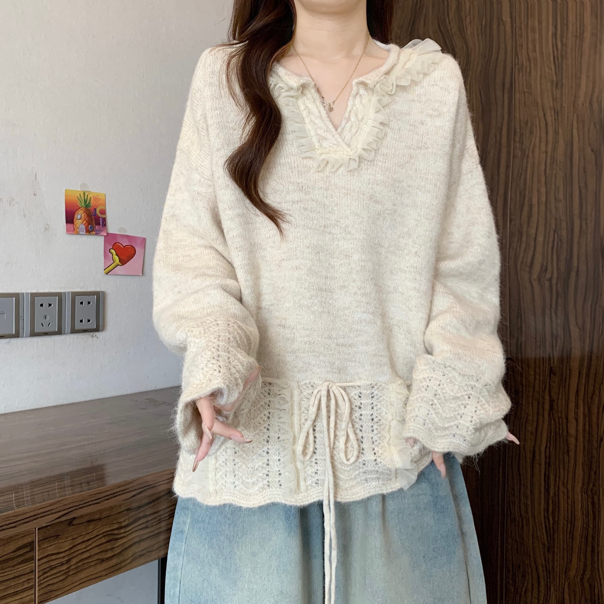 프랑스식 고급 센스 홀로우 아웃 V넥 니트 스웨터 여성 2026 가을 겨울철 새로운 지방 mm 펌프 로프 레이스 느긋한 맨위 상세 이미지 27