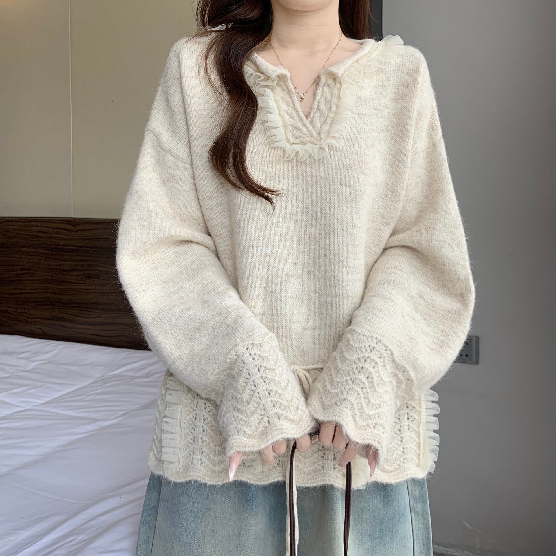 프랑스식 고급 센스 홀로우 아웃 V넥 니트 스웨터 여성 2026 가을 겨울철 새로운 지방 mm 펌프 로프 레이스 느긋한 맨위 상세 이미지 29