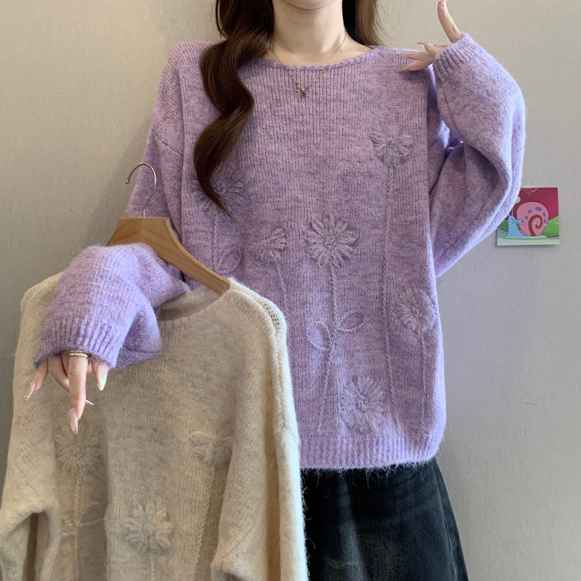 프랑스식 부드러운 찹쌀 무거운 작업 자카드 스웨터 여자 2026 가을 겨울 새로운 지방 mm 루즈핏 느긋한 고급 니트 스웨터 맨위 이미지 2