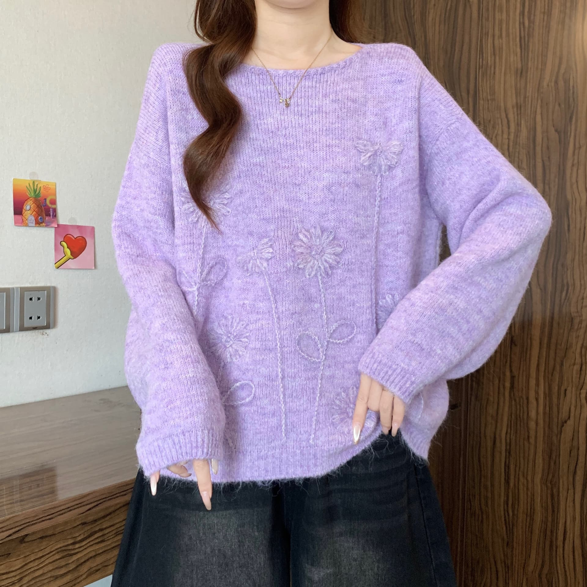 프랑스식 부드러운 찹쌀 무거운 작업 자카드 스웨터 여자 2026 가을 겨울 새로운 지방 mm 루즈핏 느긋한 고급 니트 스웨터 맨위 상세 이미지 9