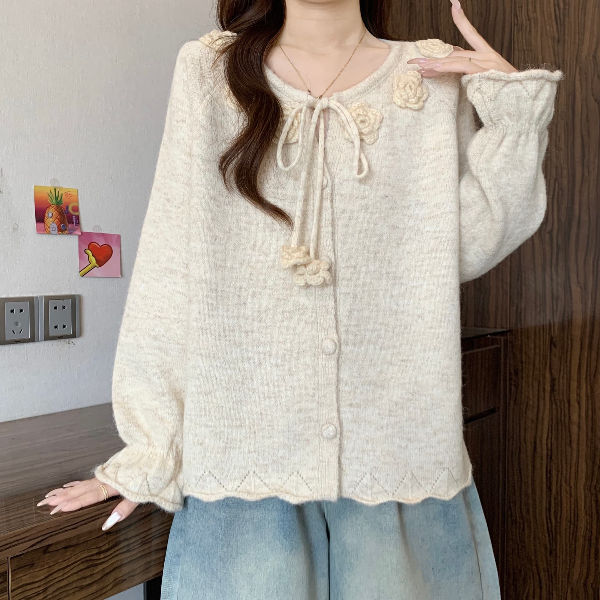프랑스식 3 차원 꽃 레이스업 스웨터 여자 2026 새로운 가을 겨울철 지방 mm 느긋한 부드러운 찹쌀 외국 가스 니트 오픈 가디건 상세 이미지 6