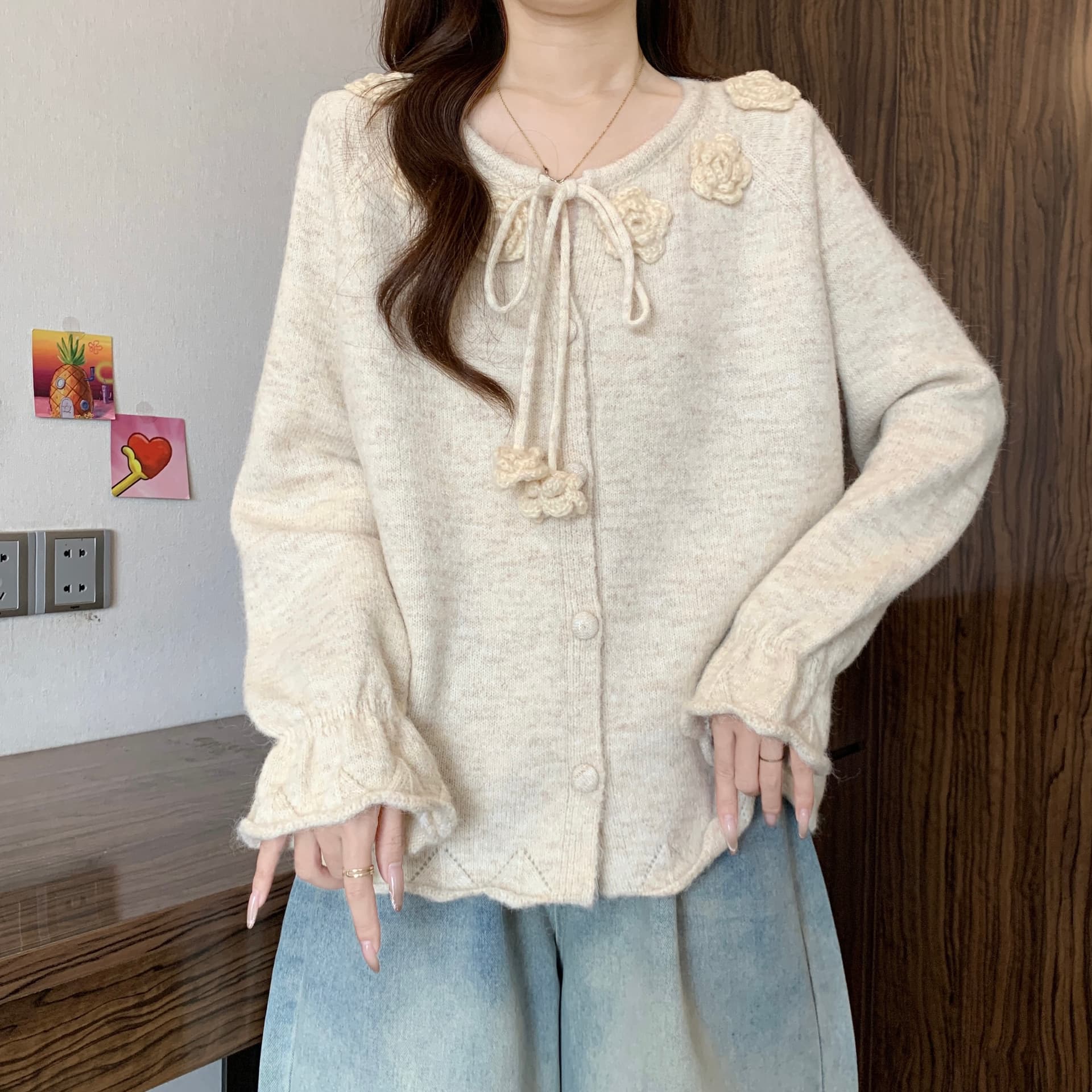 프랑스식 3 차원 꽃 레이스업 스웨터 여자 2026 새로운 가을 겨울철 지방 mm 느긋한 부드러운 찹쌀 외국 가스 니트 오픈 가디건 상세 이미지 8