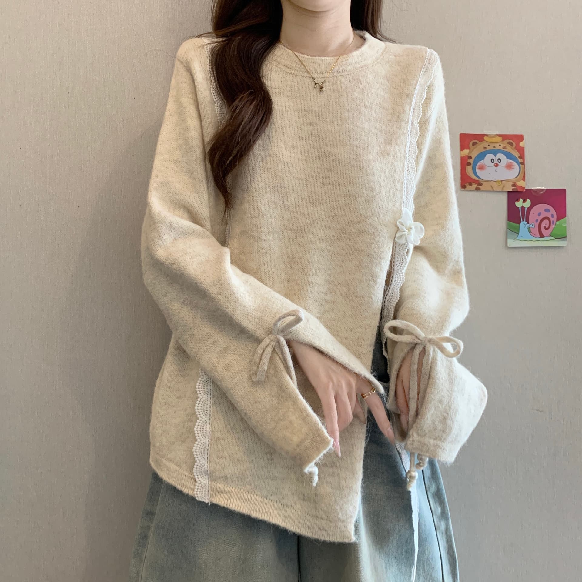 느긋한 바람 느슨함 불규칙 트임 니트 스웨터 여성 2026 새로운 가을 겨울 지방 mm 루즈핏 슬림해 보이는 Chic 맨위 이미지 5