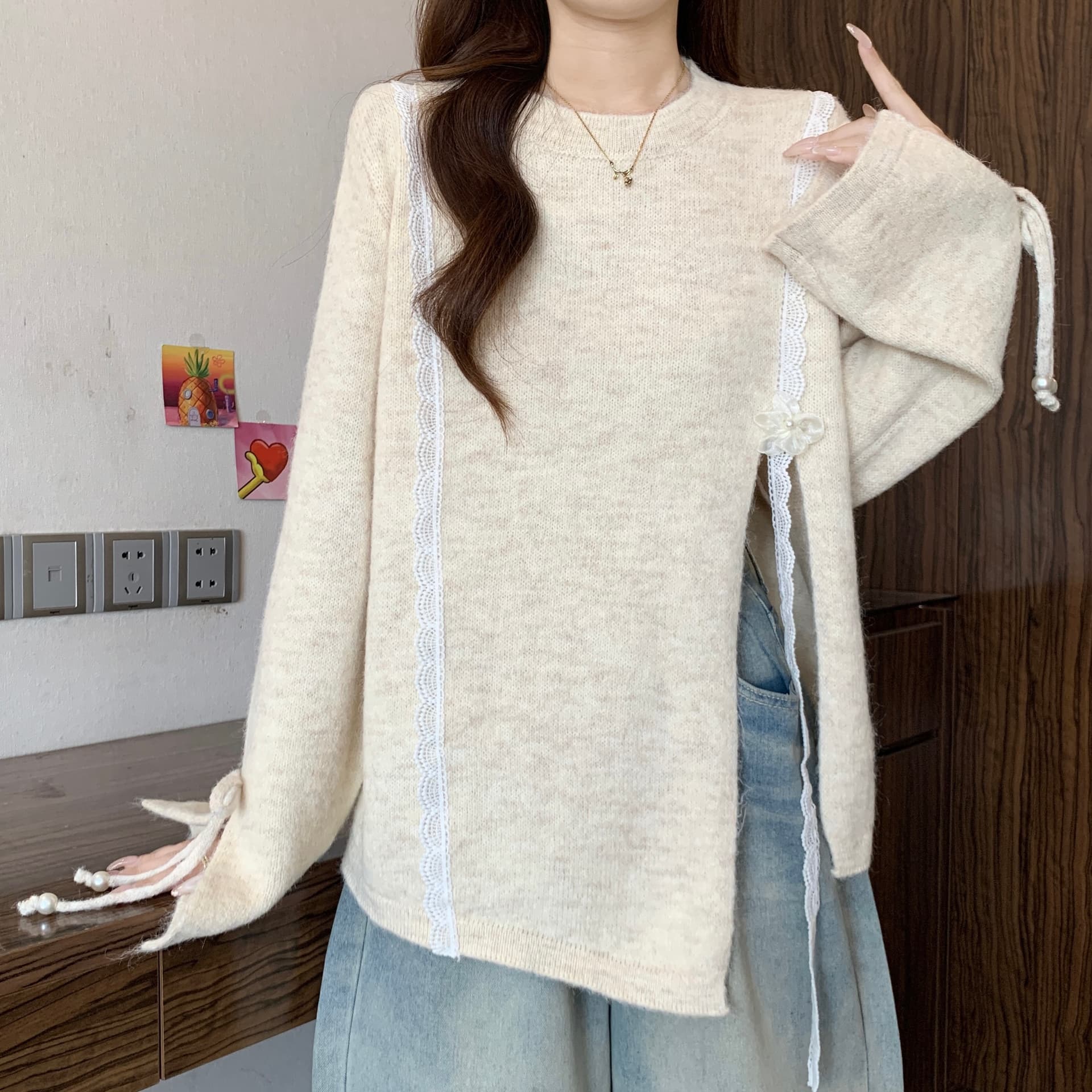 느긋한 바람 느슨함 불규칙 트임 니트 스웨터 여성 2026 새로운 가을 겨울 지방 mm 루즈핏 슬림해 보이는 Chic 맨위 상세 이미지 6