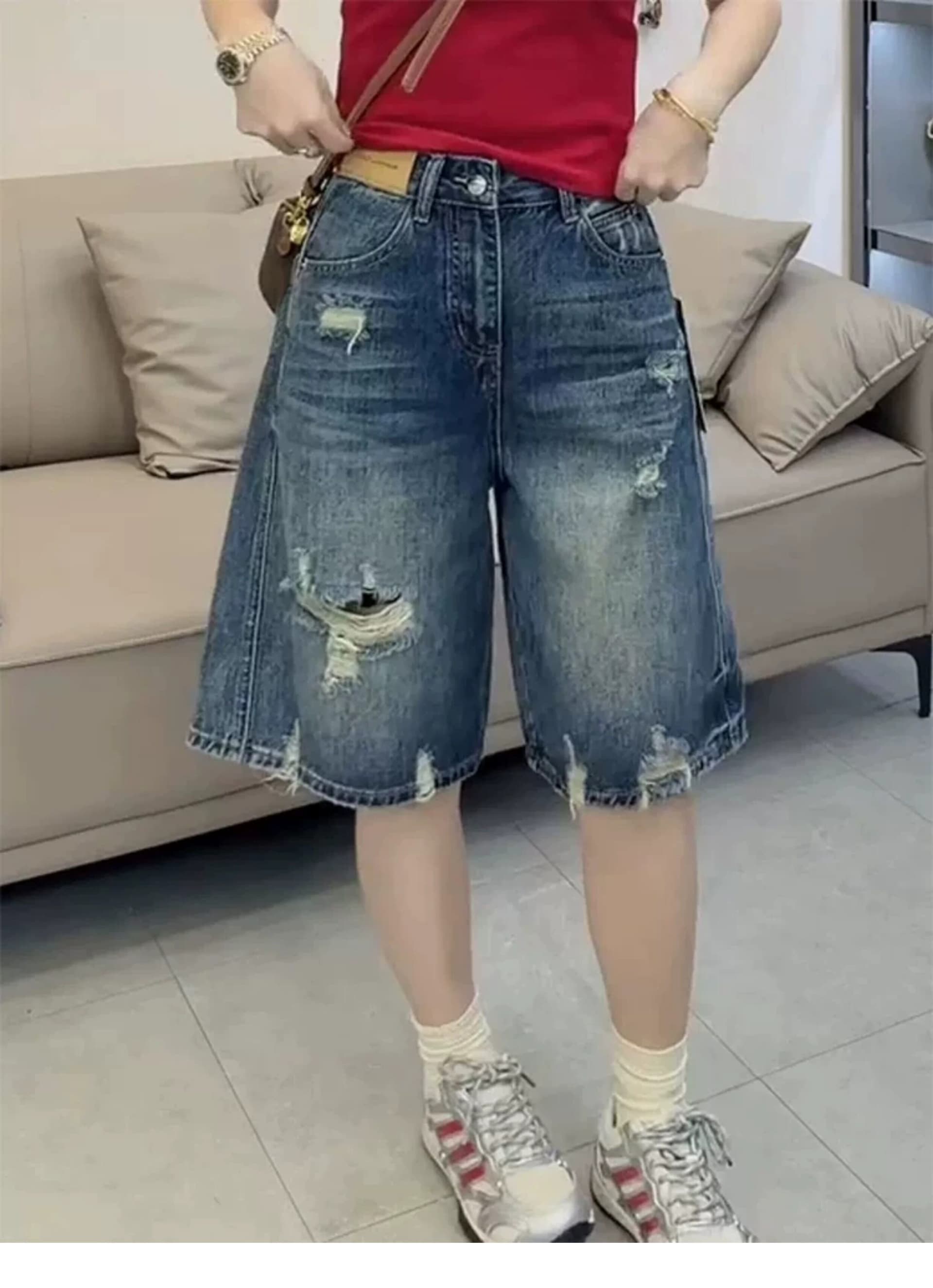 개성 이후 주머니 플립 커버 디자인 넓은 다리 5 점 데님 반바지 여성 봄 여름 새로운 찢어진 데님 오부 바지 상세 이미지 3
