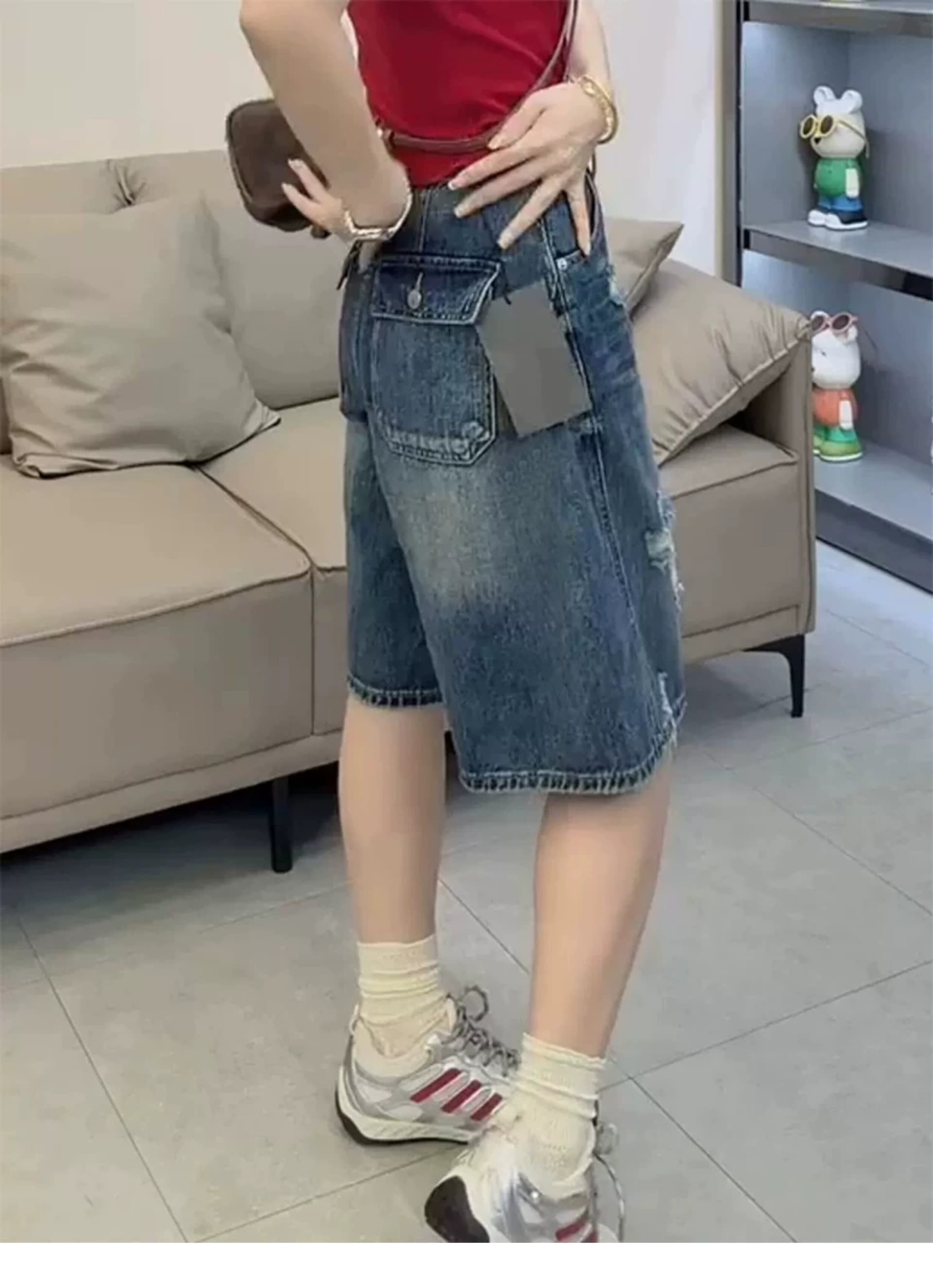 개성 이후 주머니 플립 커버 디자인 넓은 다리 5 점 데님 반바지 여성 봄 여름 새로운 찢어진 데님 오부 바지 상세 이미지 5