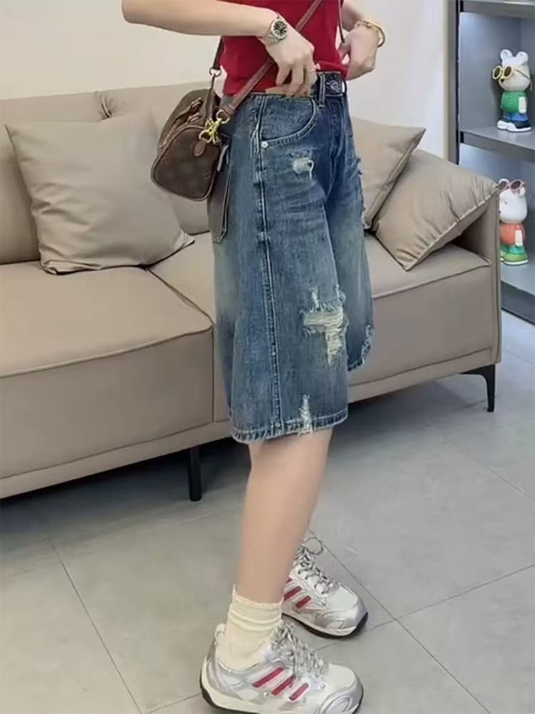 개성 이후 주머니 플립 커버 디자인 넓은 다리 5 점 데님 반바지 여성 봄 여름 새로운 찢어진 데님 오부 바지 상세 이미지 7