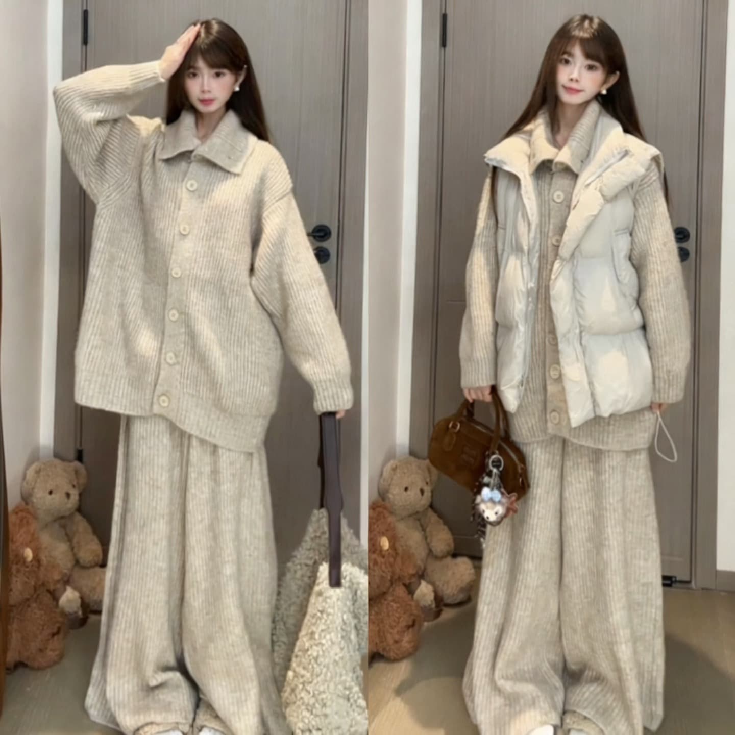 한국 스타일 chic 루즈핏 두꺼운 니트 스웨터 코트 긴 바지 투피스 세트 이미지 4