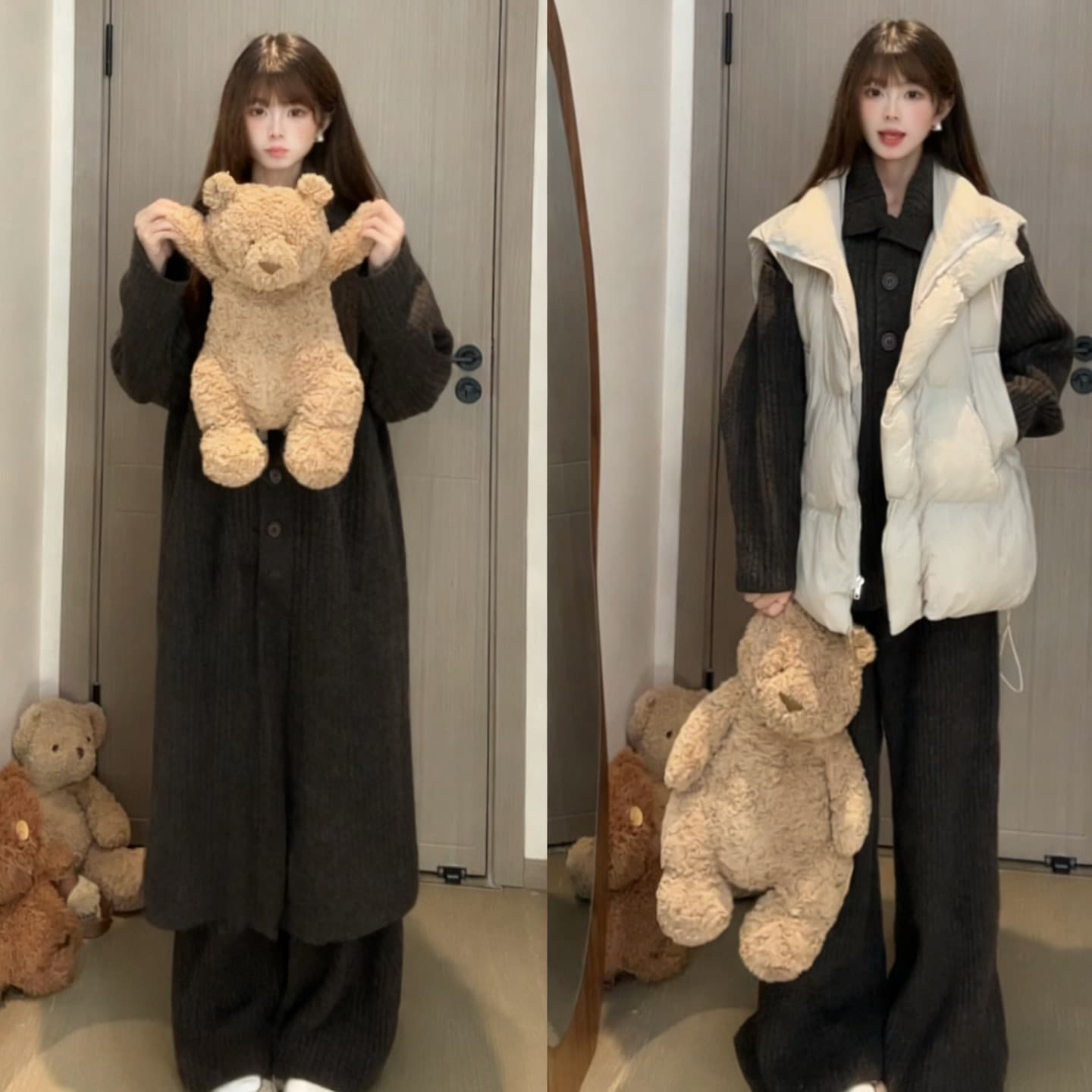 한국 스타일 chic 루즈핏 두꺼운 니트 스웨터 코트 긴 바지 투피스 세트 상세 이미지 4