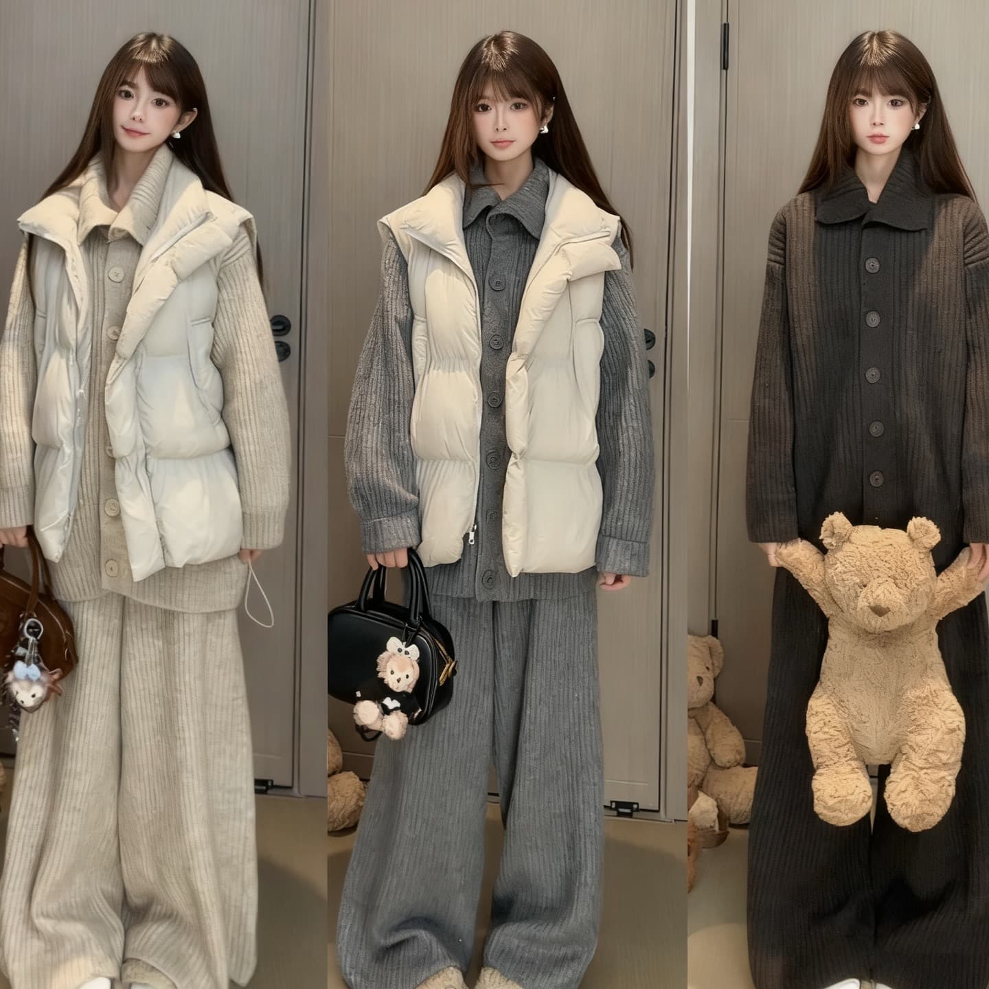 한국 스타일 chic 루즈핏 두꺼운 니트 스웨터 코트 긴 바지 투피스 세트 상세 이미지 7