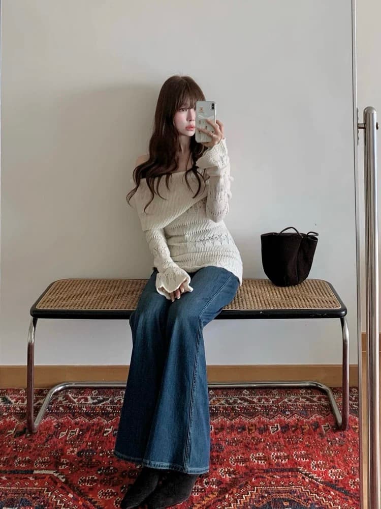 프랑스식 홀로우 아웃 오프숄더 긴팔 니트 스웨터 여성 가을 겨울 인사이드 가져 가라. 수 있습니다. 외출용 캐주얼 품격 몸매 가꾸기 만나는 맨위 이미지 3