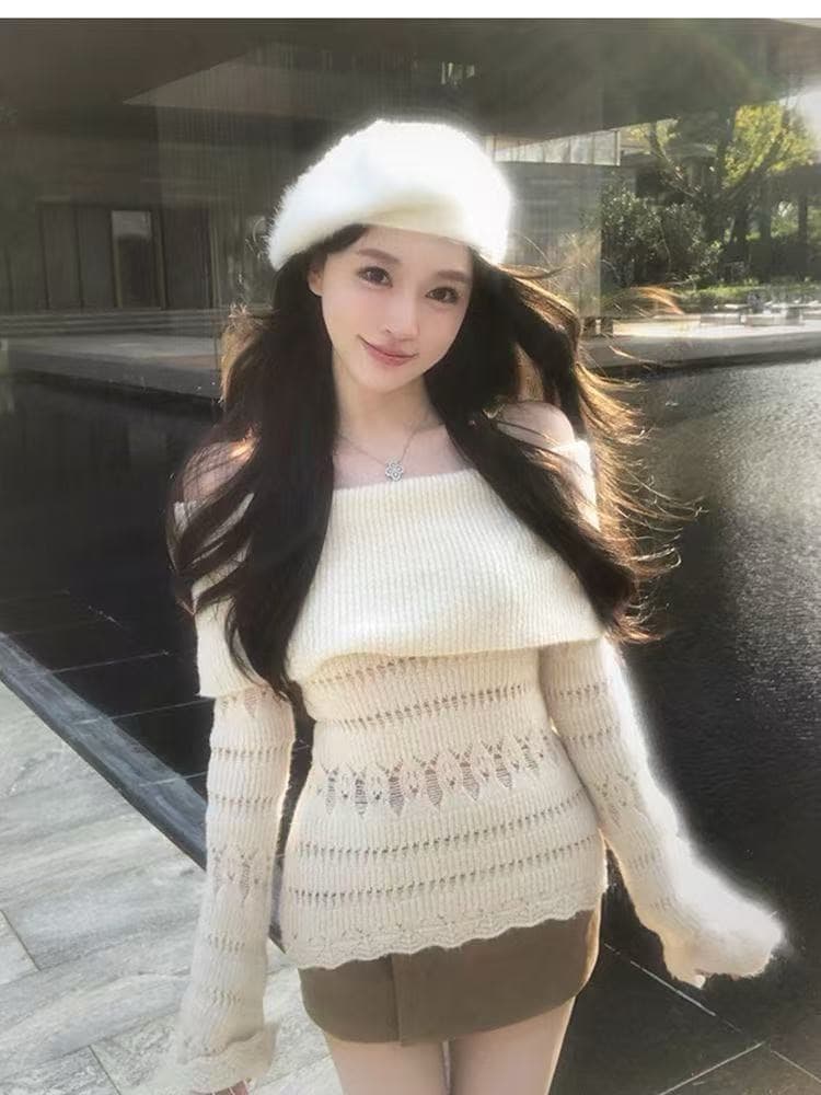 한 부서 느긋한 바람 니트 스웨터 여성 2025 겨울 새로운 몸매 가꾸기 허리 수축 디스플레이 몸 오프숄더 출퇴근 기본 셔츠 상세 이미지 5