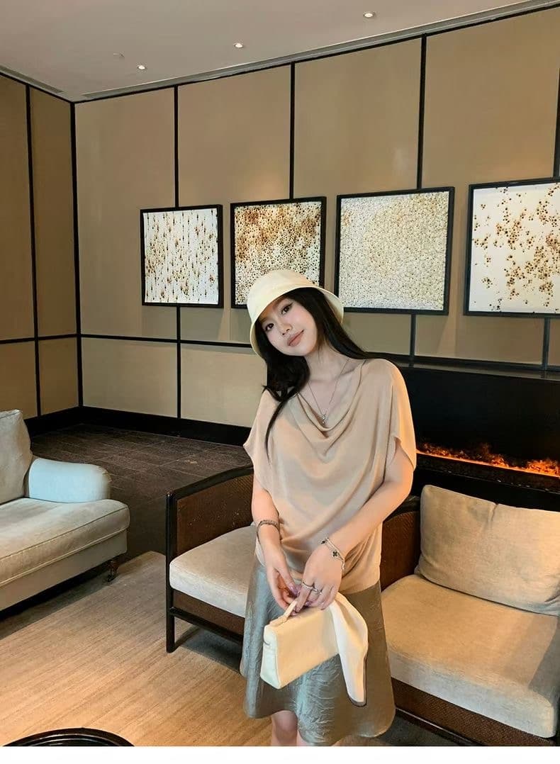 프랑스식 흔들다 칼라 얼음 실크 니트 반팔 티셔츠 플리츠 반신 치마 세트 상세 이미지 2
