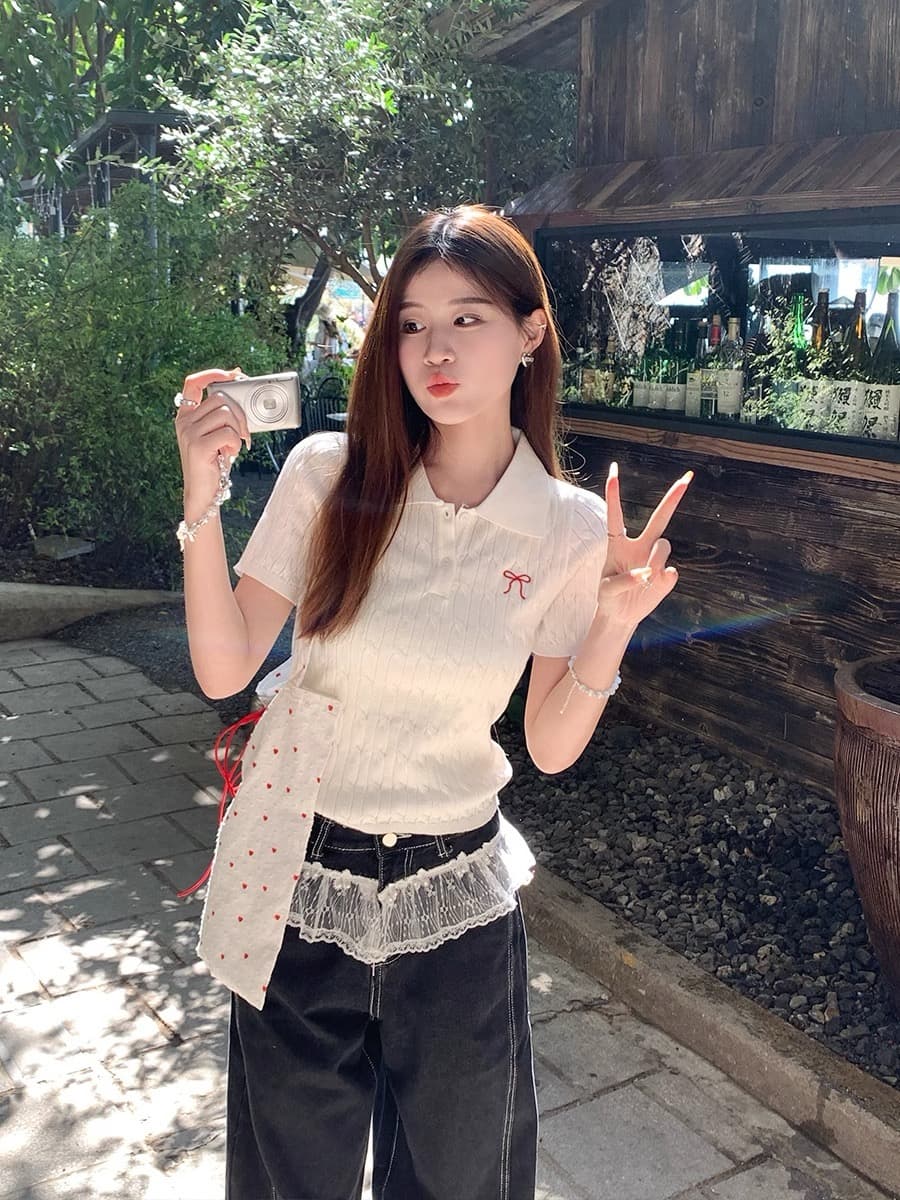 POLO 칼라 니트 반팔 여성 2026 새로운 자수 레트로 학원 스타일 꽈배기 스웨터 티셔츠 맨위 상세 이미지 2