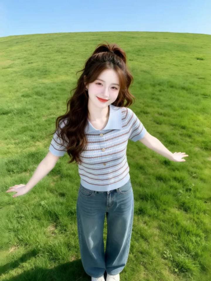 빅 사이즈 표지 배 외국 가스 스트라이프 얼음 실크 반팔 POLO 칼라 니트 스웨터 여성 여름 얇은 스타일 티셔츠 연령 감소 맨위 트렌디 상세 이미지 4