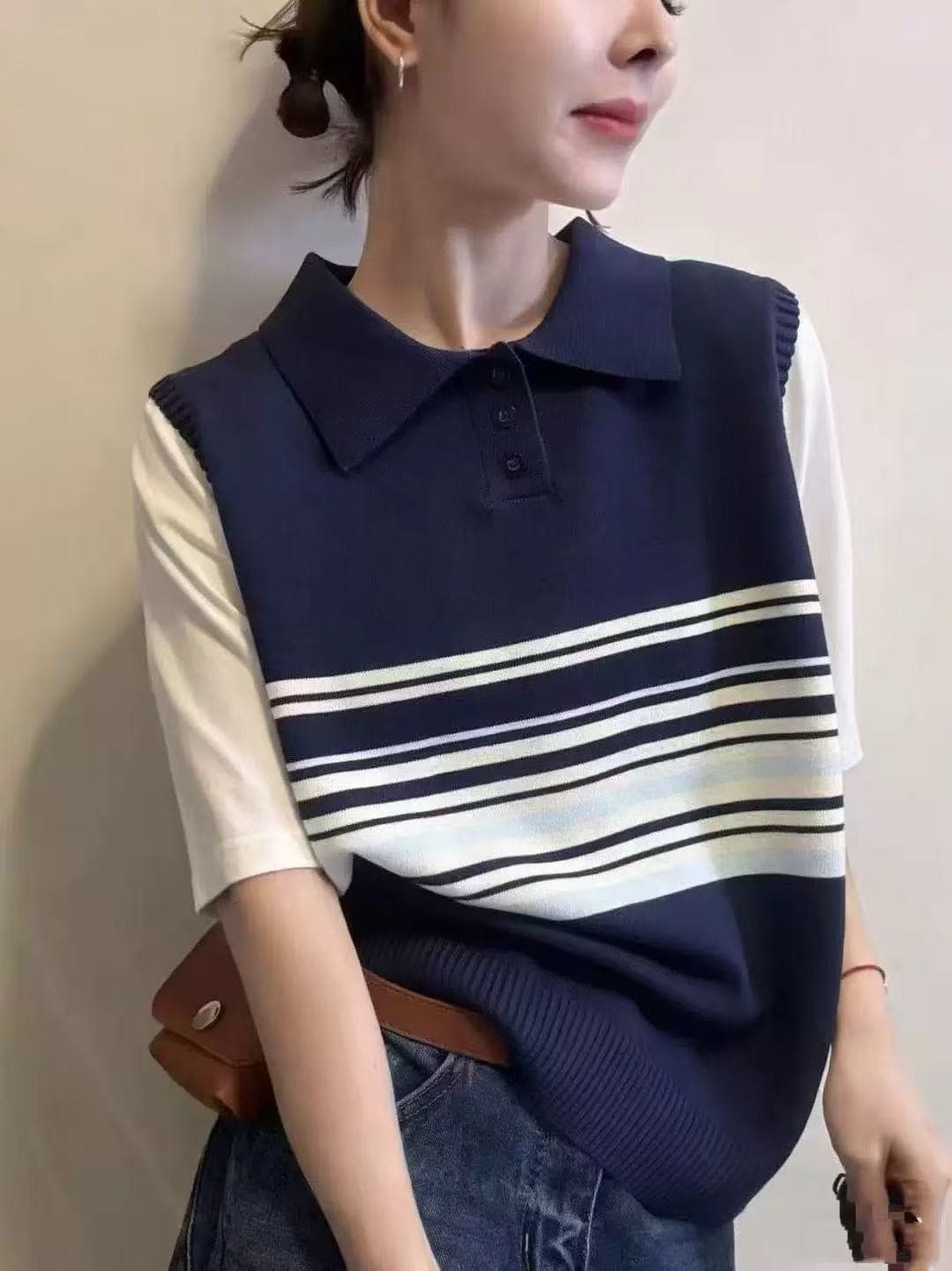 한 부서 POLO 칼라 페이크 레이어드 스트라이프 니트 반팔 티셔츠 여성 여름 블루 색상 패치워크 맨위 이미지 4